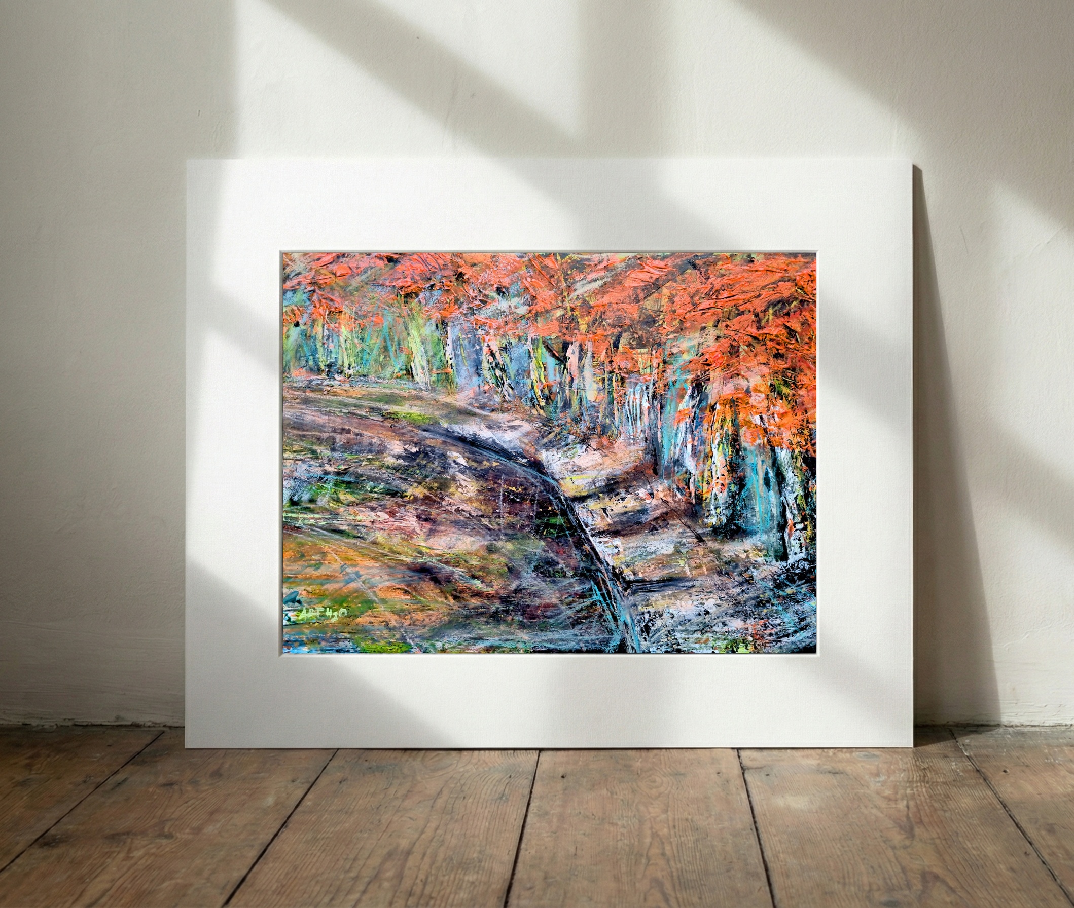 Fiery Orange and Teal Abstract Landscape — art on the wall, room interior preview 3