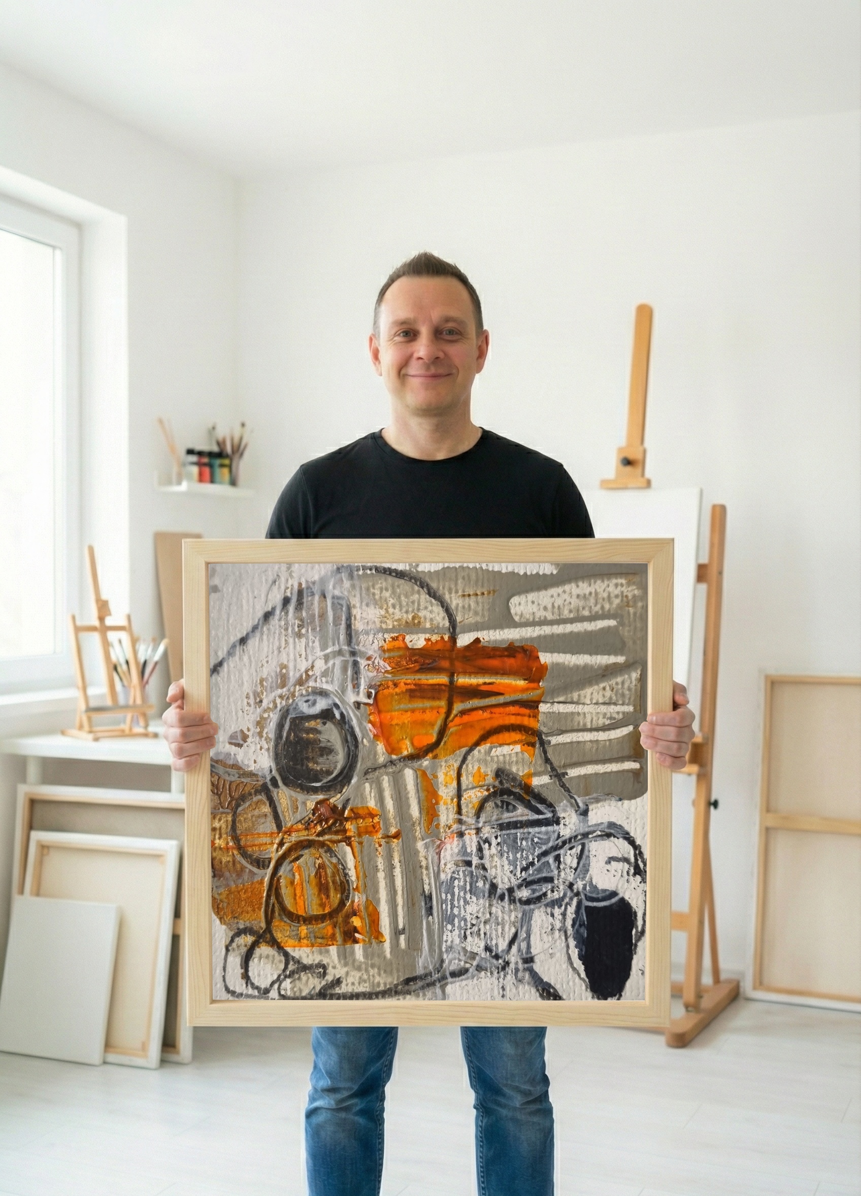 Orange and Gray Abstract Urban Composition — art on the wall, room interior preview 2