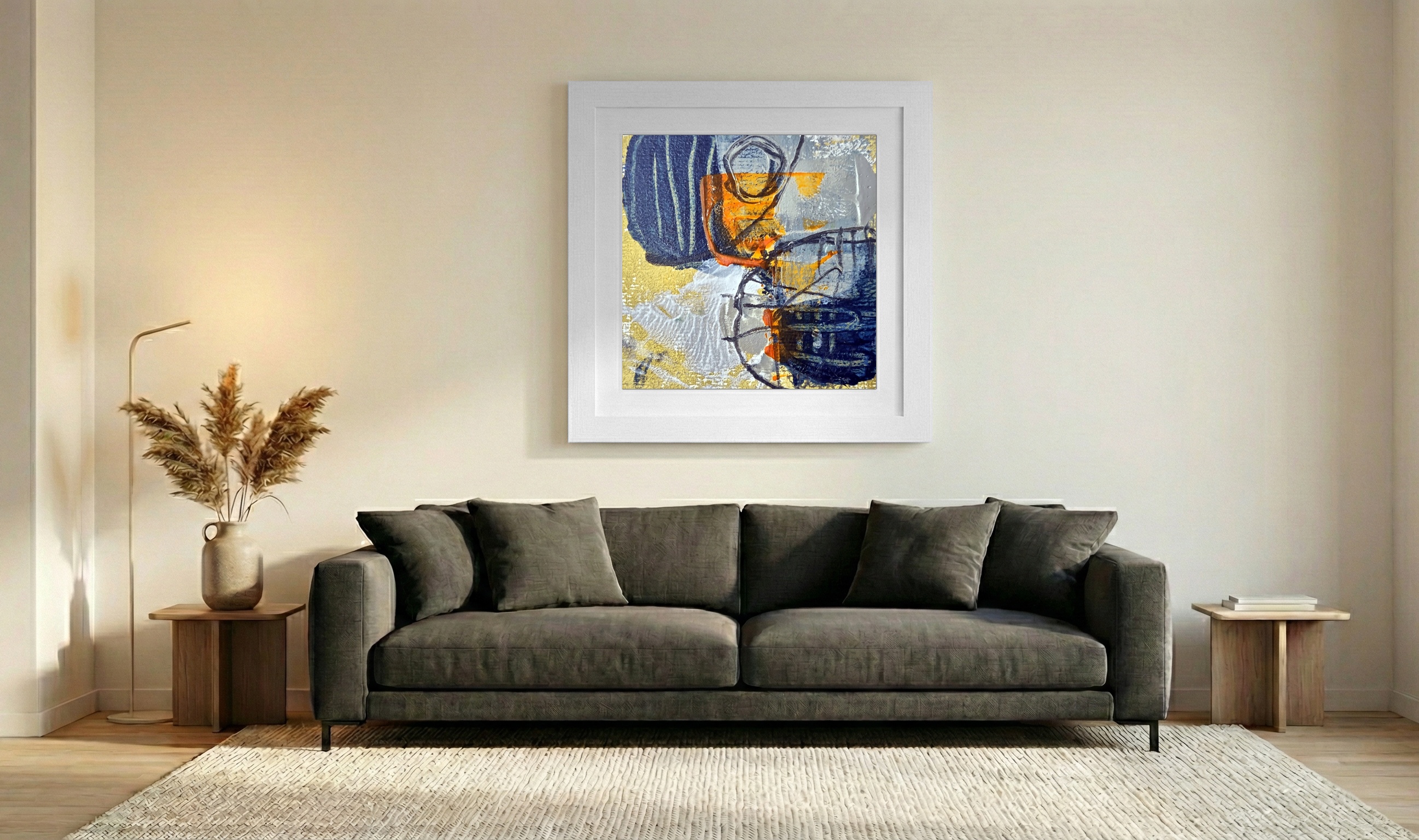 Blue and Gold Abstract Mixed Media — art on the wall, room interior preview 3