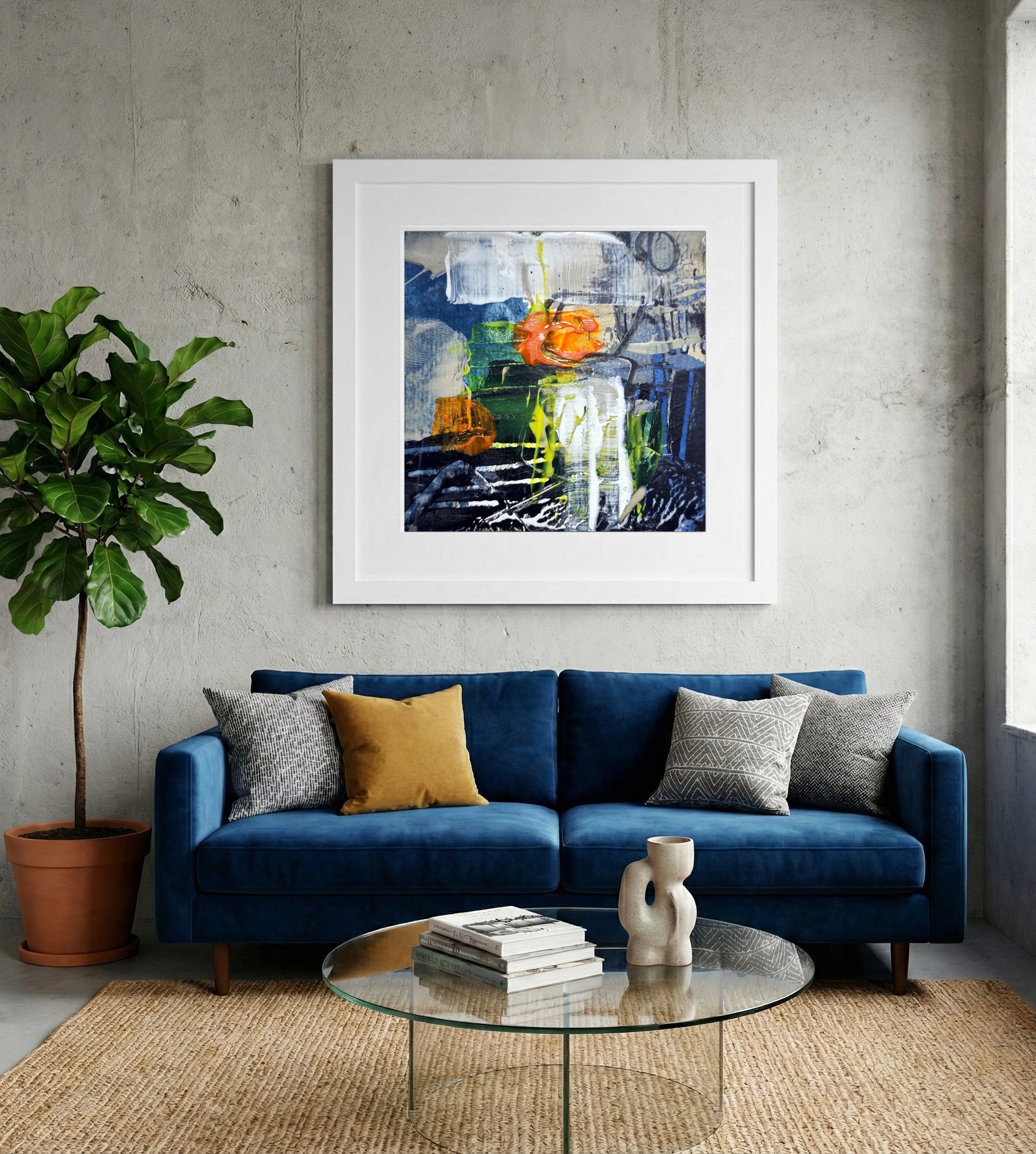 Dynamic Orange and Blue Abstract Layers — art on the wall, room interior preview 2