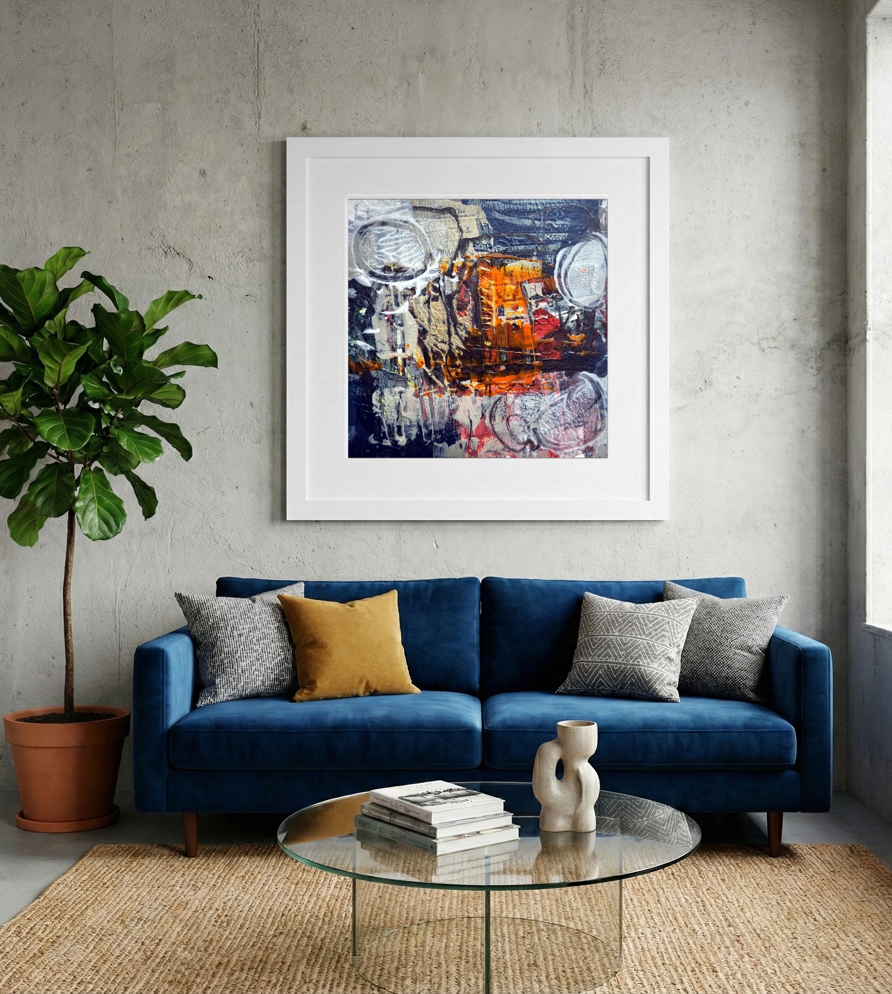 Urban Echoes in Orange and Blue — art on the wall, room interior preview 2