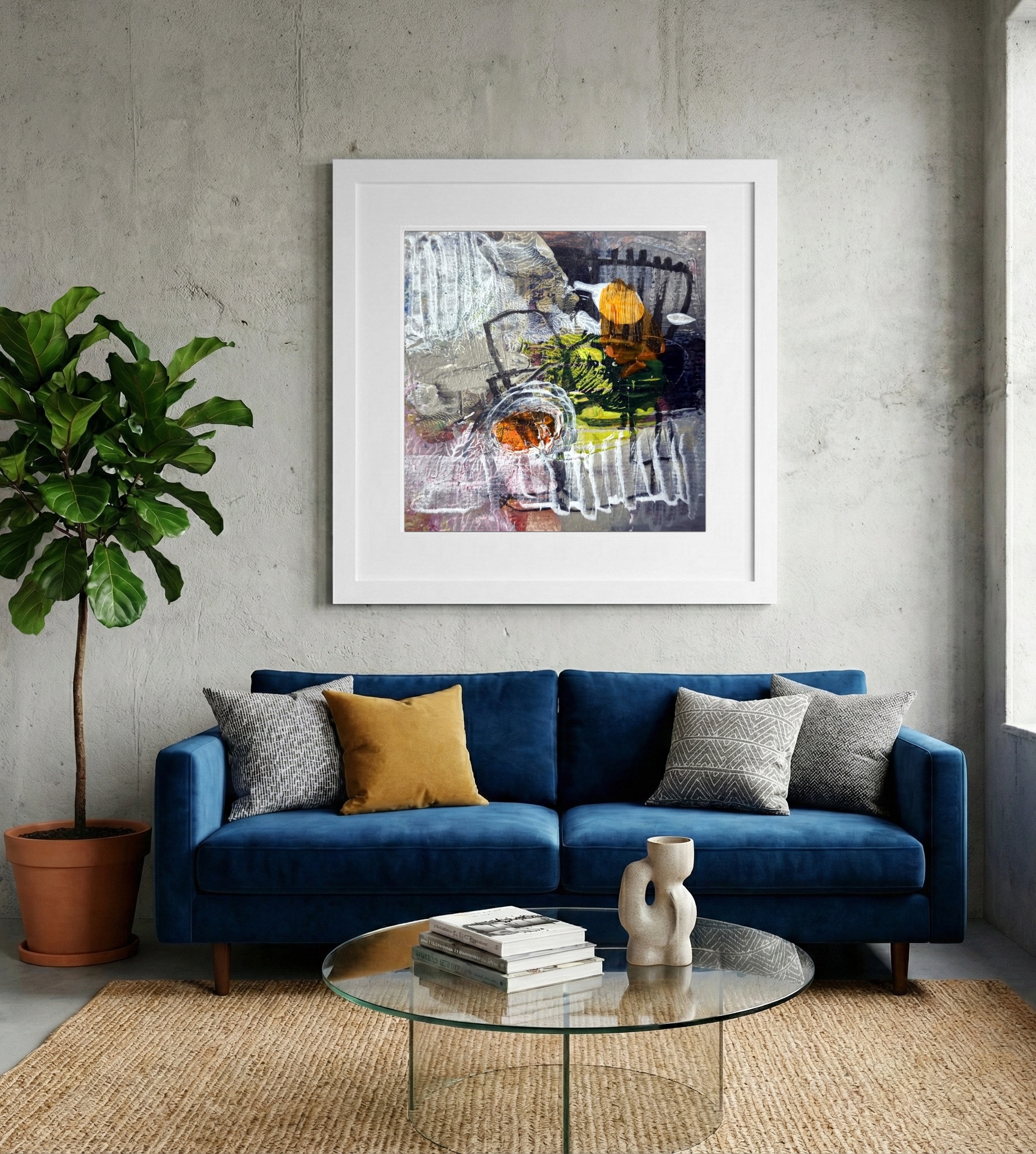 Grey and Orange Urban Bloom on Paper — art on the wall, room interior preview 2