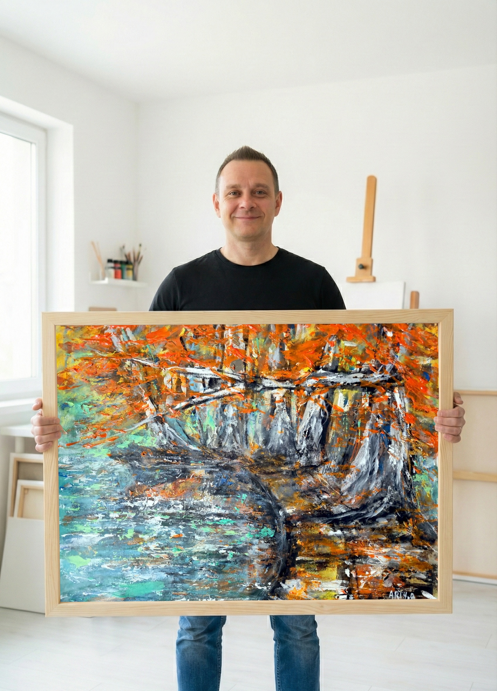 Orange and Teal Trees by Water Painting — art on the wall, room interior preview 1