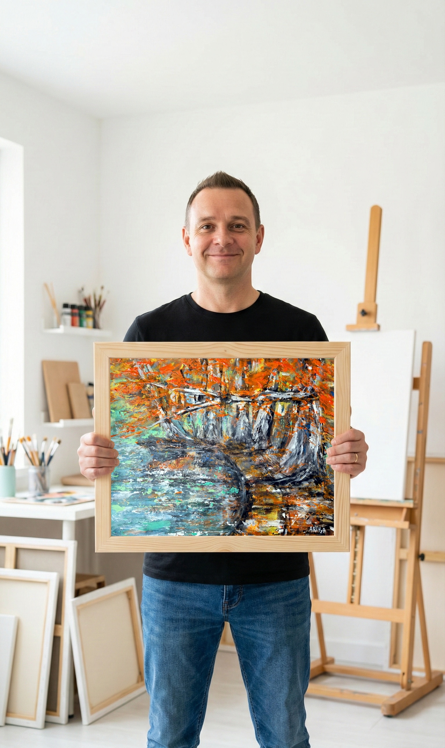 Orange and Teal Trees by Water Painting — art on the wall, room interior preview 2