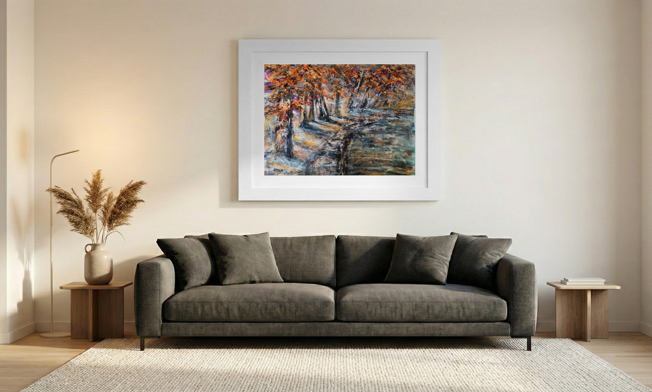 Fiery Orange Path in Autumn Landscape — art on the wall, room interior preview 1