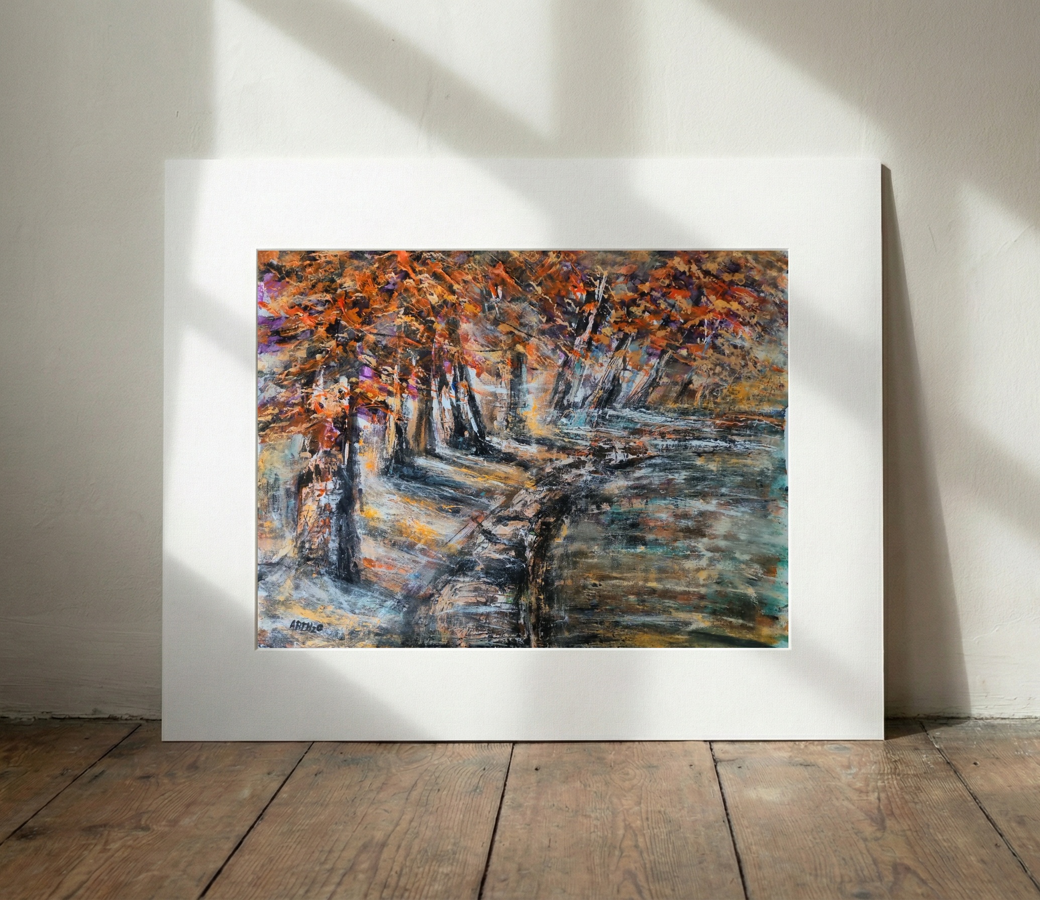 Fiery Orange Path in Autumn Landscape — art on the wall, room interior preview 3