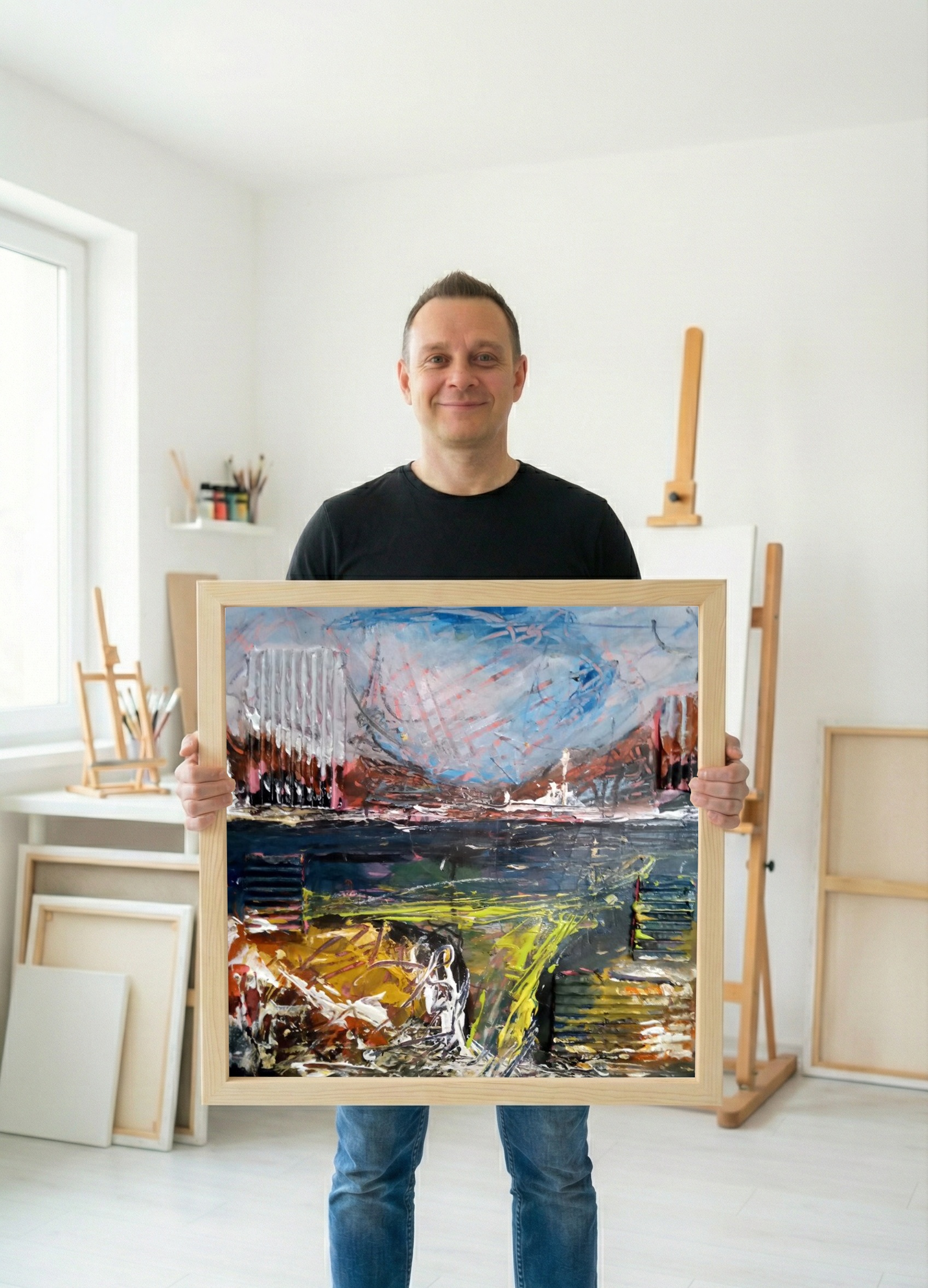 Cerulean and Ochre Dynamic Landscape — art on the wall, room interior preview 1