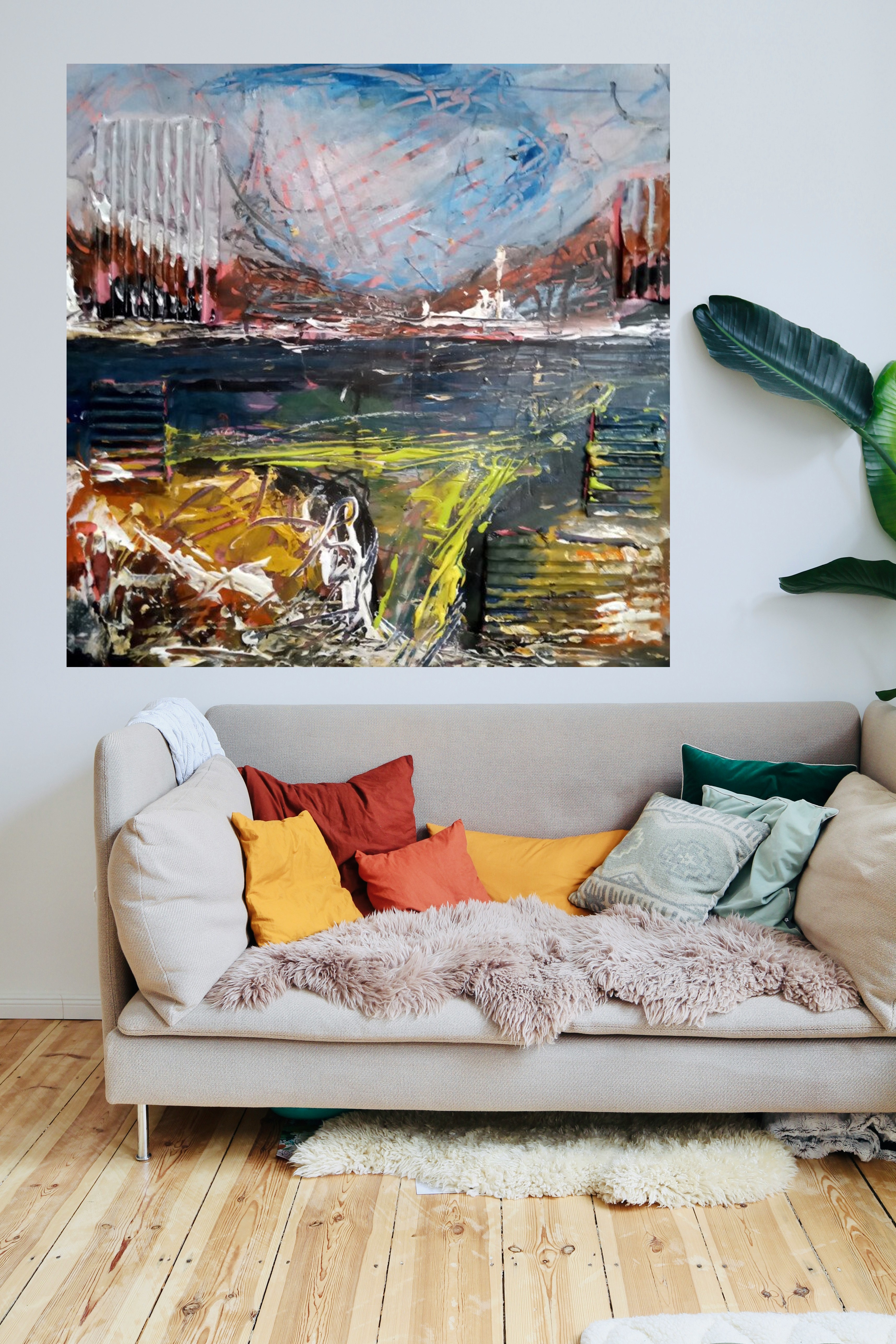 Cerulean and Ochre Dynamic Landscape — art on the wall, room interior preview 2
