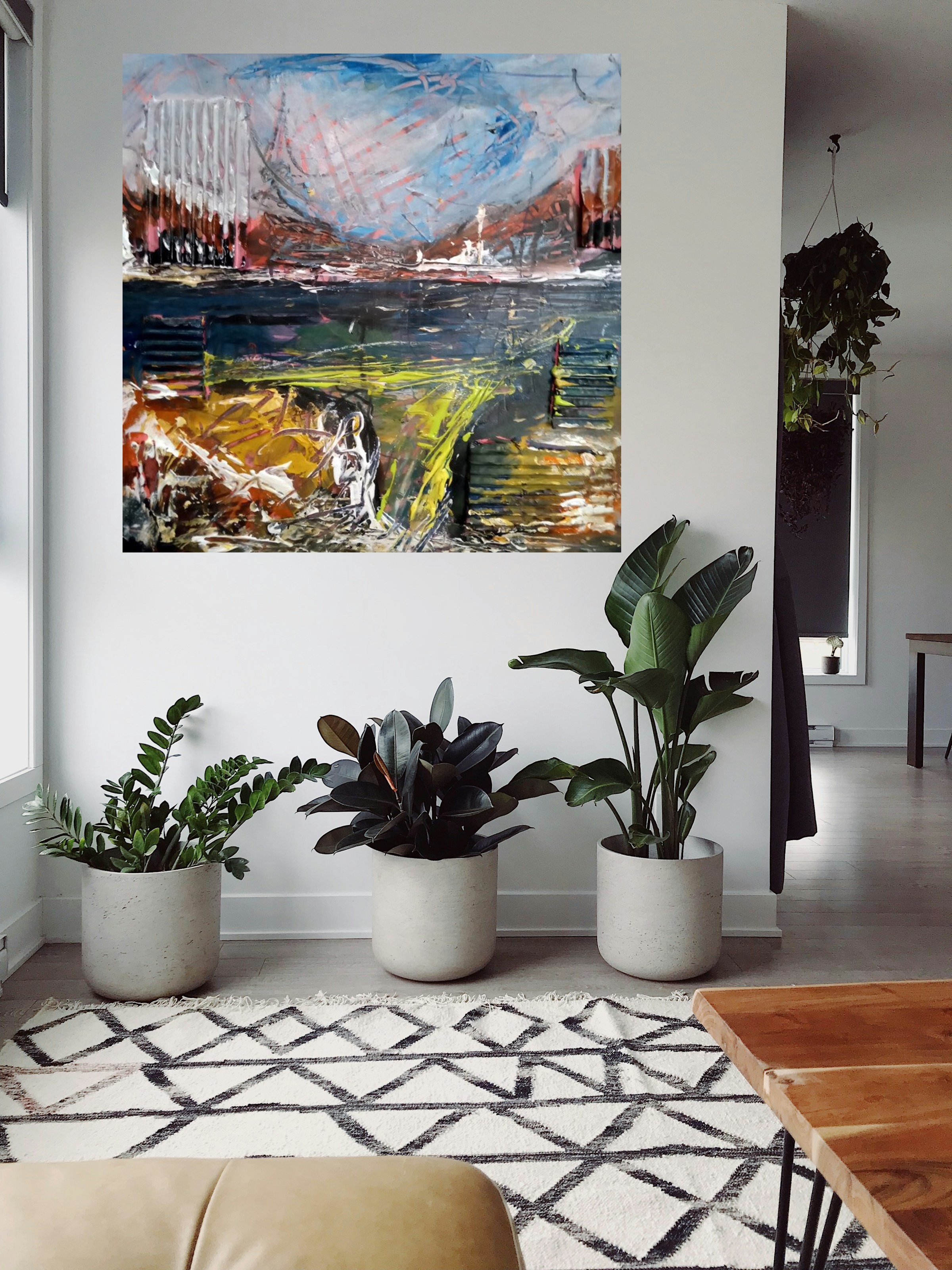 Cerulean and Ochre Dynamic Landscape — art on the wall, room interior preview 3