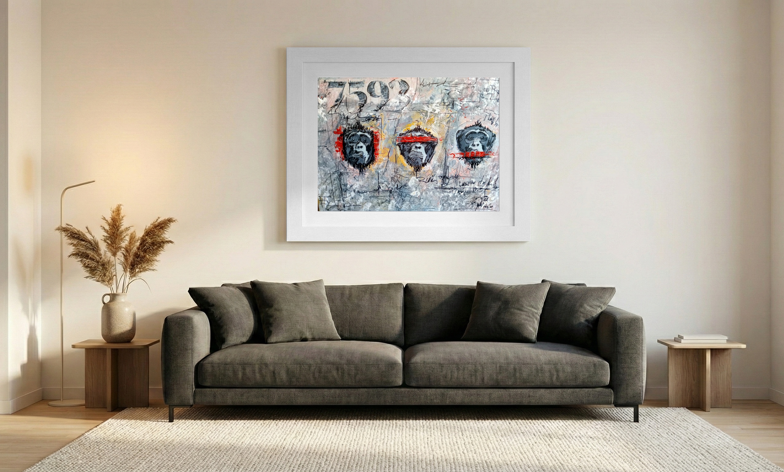 Gray Monkey Portraits with Red Accents — art on the wall, room interior preview 1