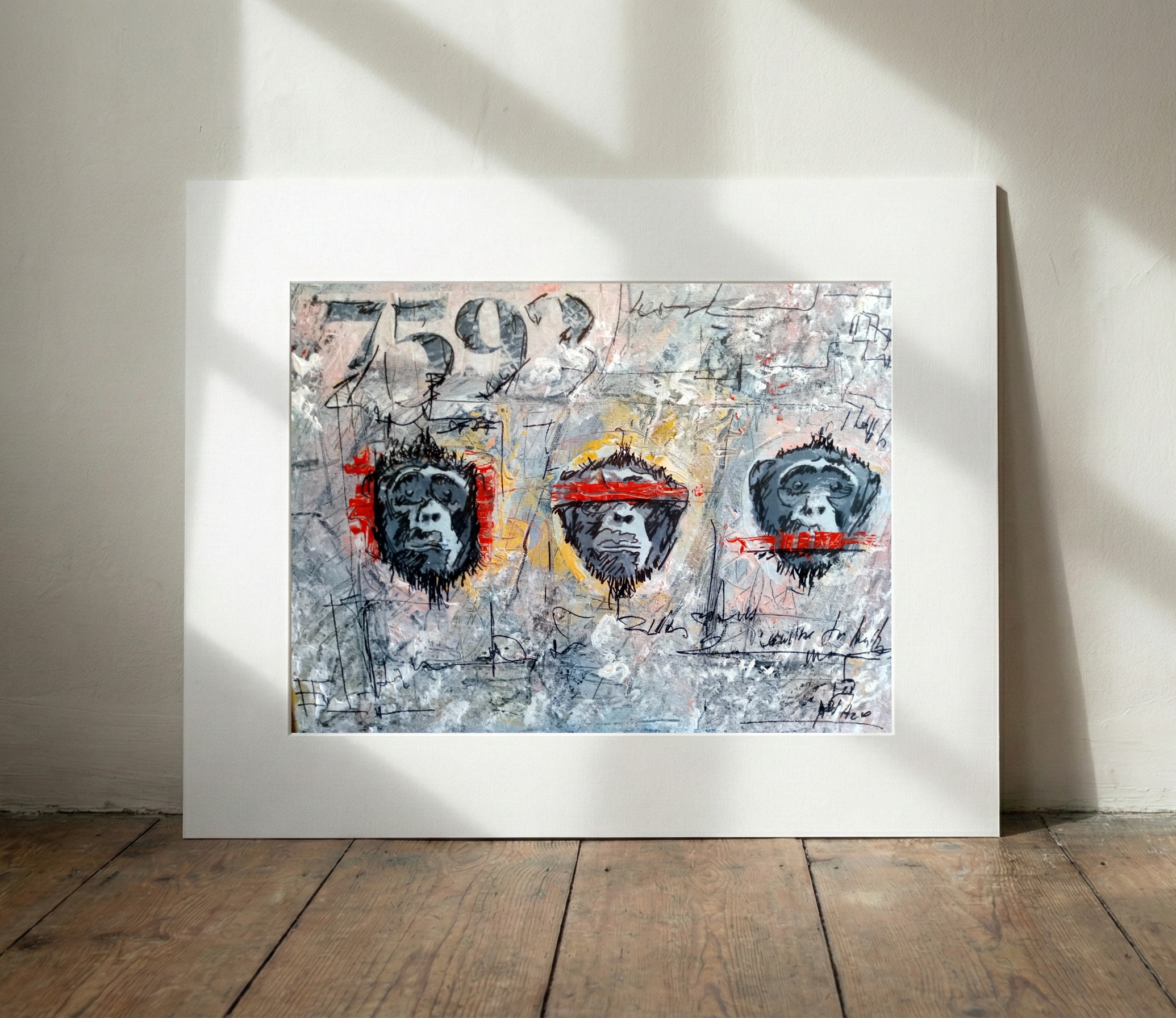 Gray Monkey Portraits with Red Accents — art on the wall, room interior preview 3
