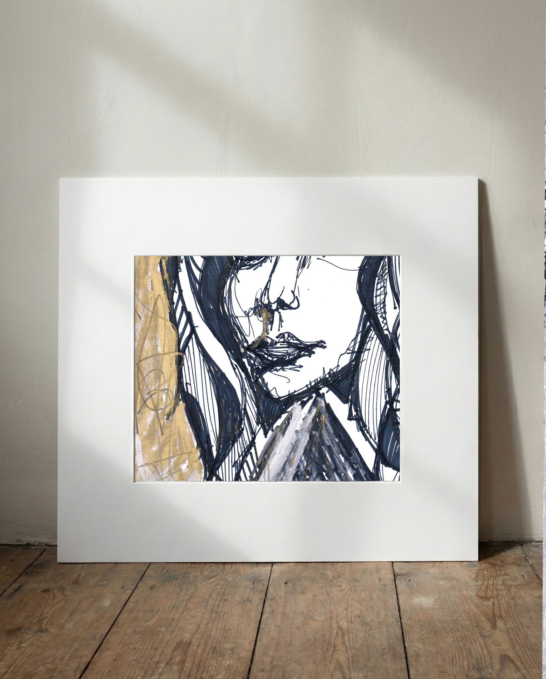 Black Ink Portrait of a Girl in a Hat — art on the wall, room interior preview 1