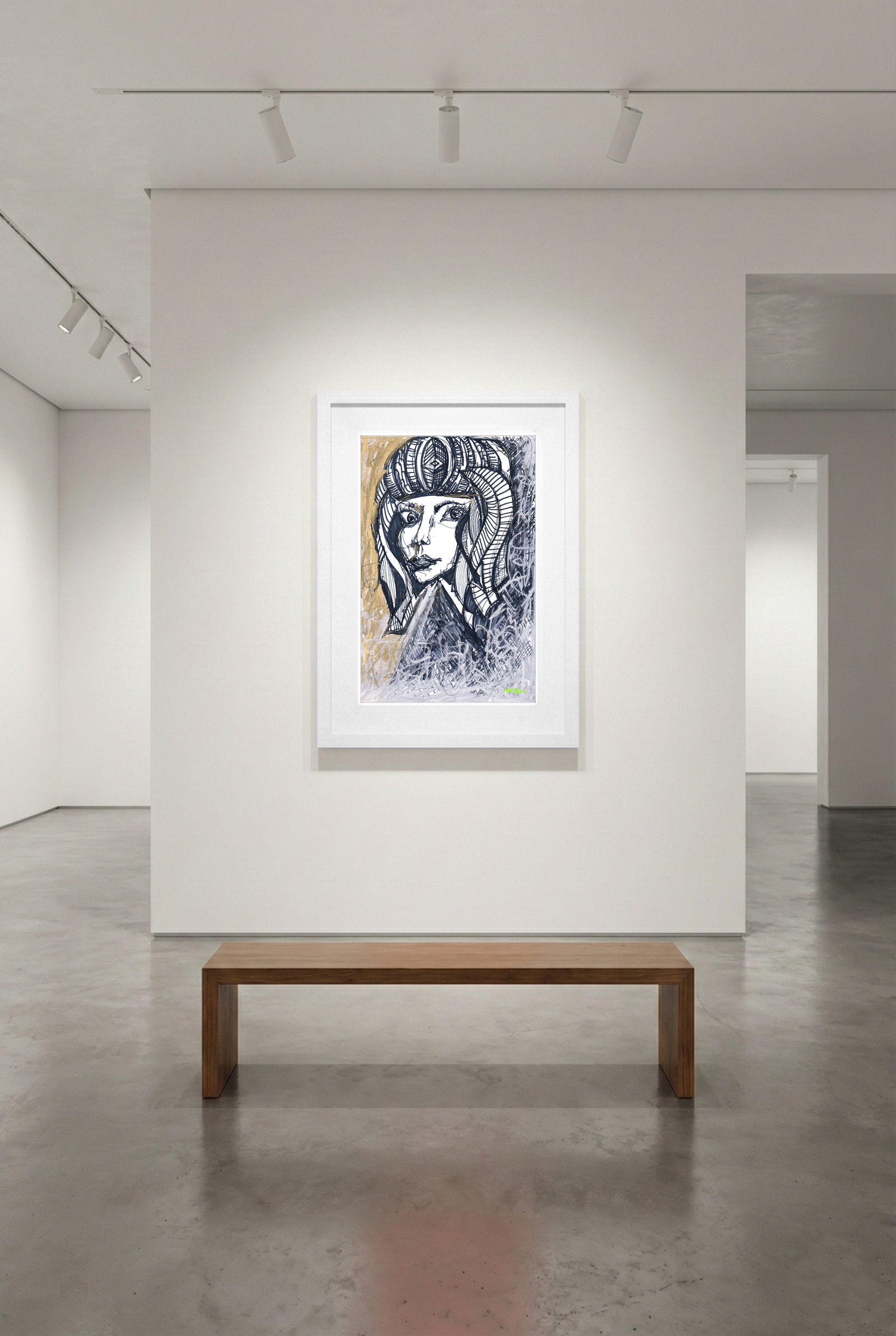 Black Ink Portrait of a Girl in a Hat — art on the wall, room interior preview 3