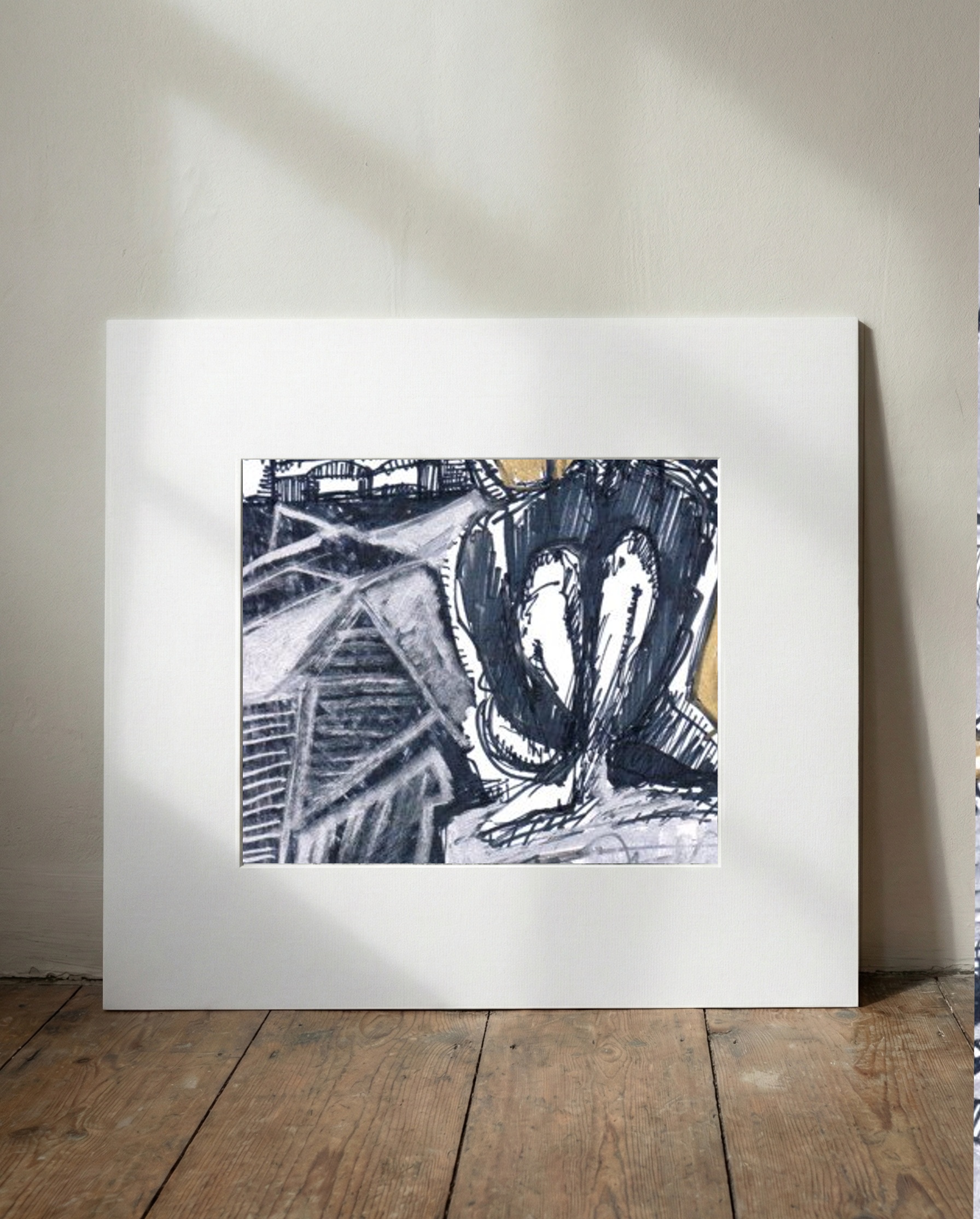 Golden and Grey Introspective Figure Sketch — art on the wall, room interior preview 1