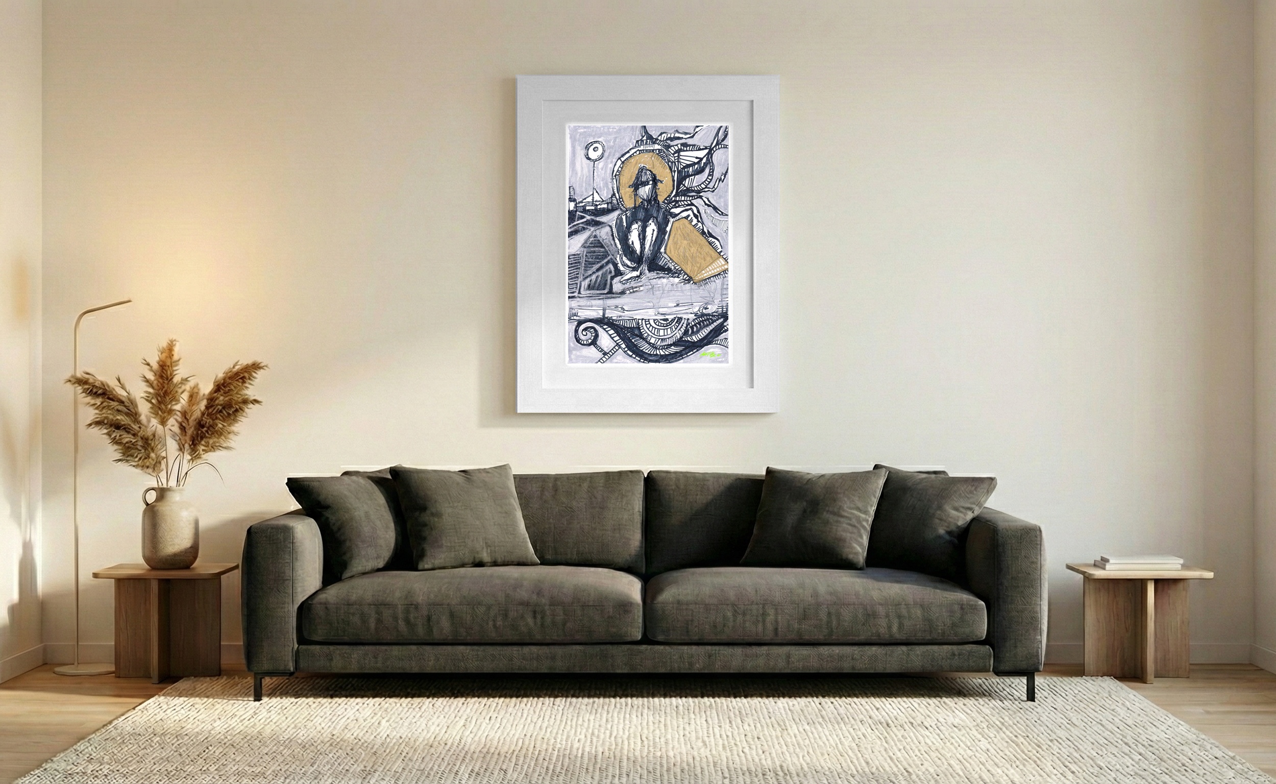 Golden and Grey Introspective Figure Sketch — art on the wall, room interior preview 2