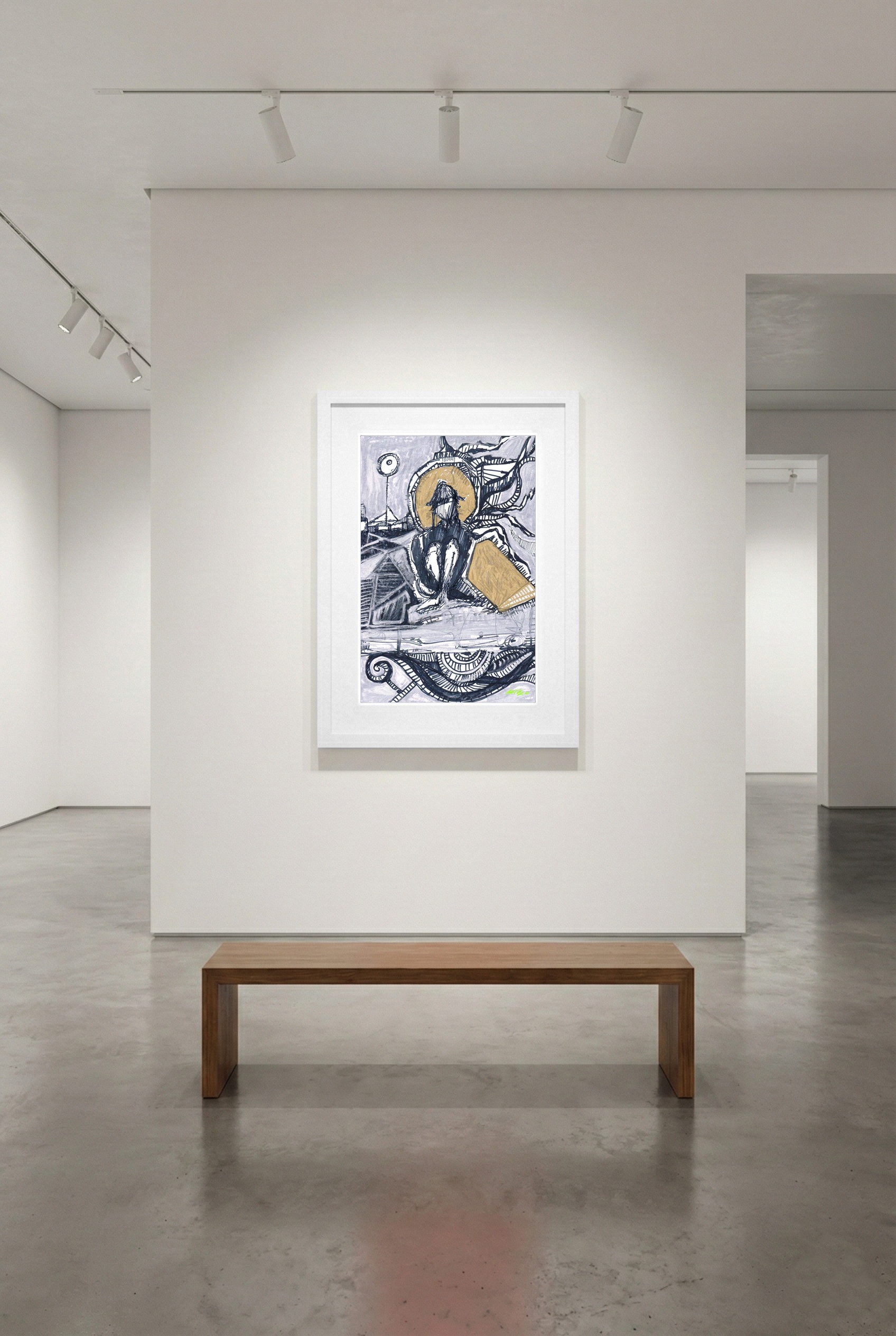 Golden and Grey Introspective Figure Sketch — art on the wall, room interior preview 3