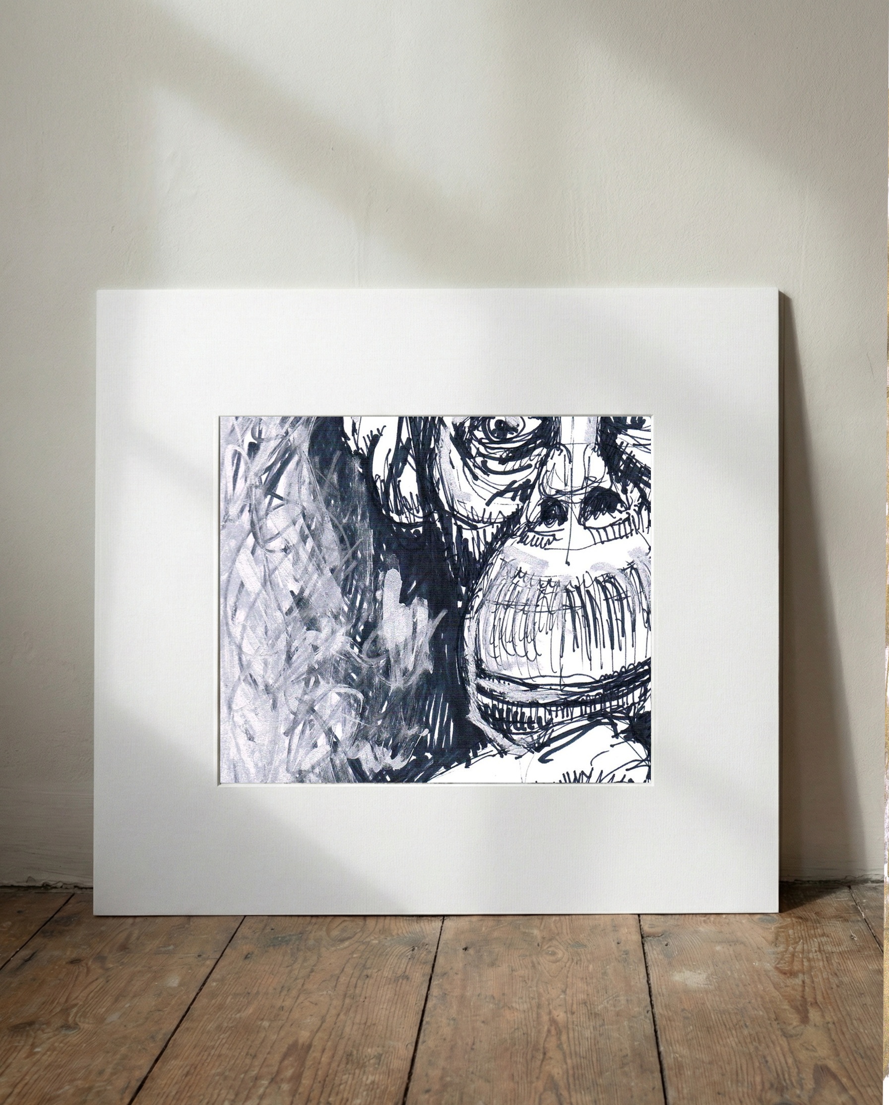 Grey Ink Drawing of a Human-Like Monkey — art on the wall, room interior preview 1