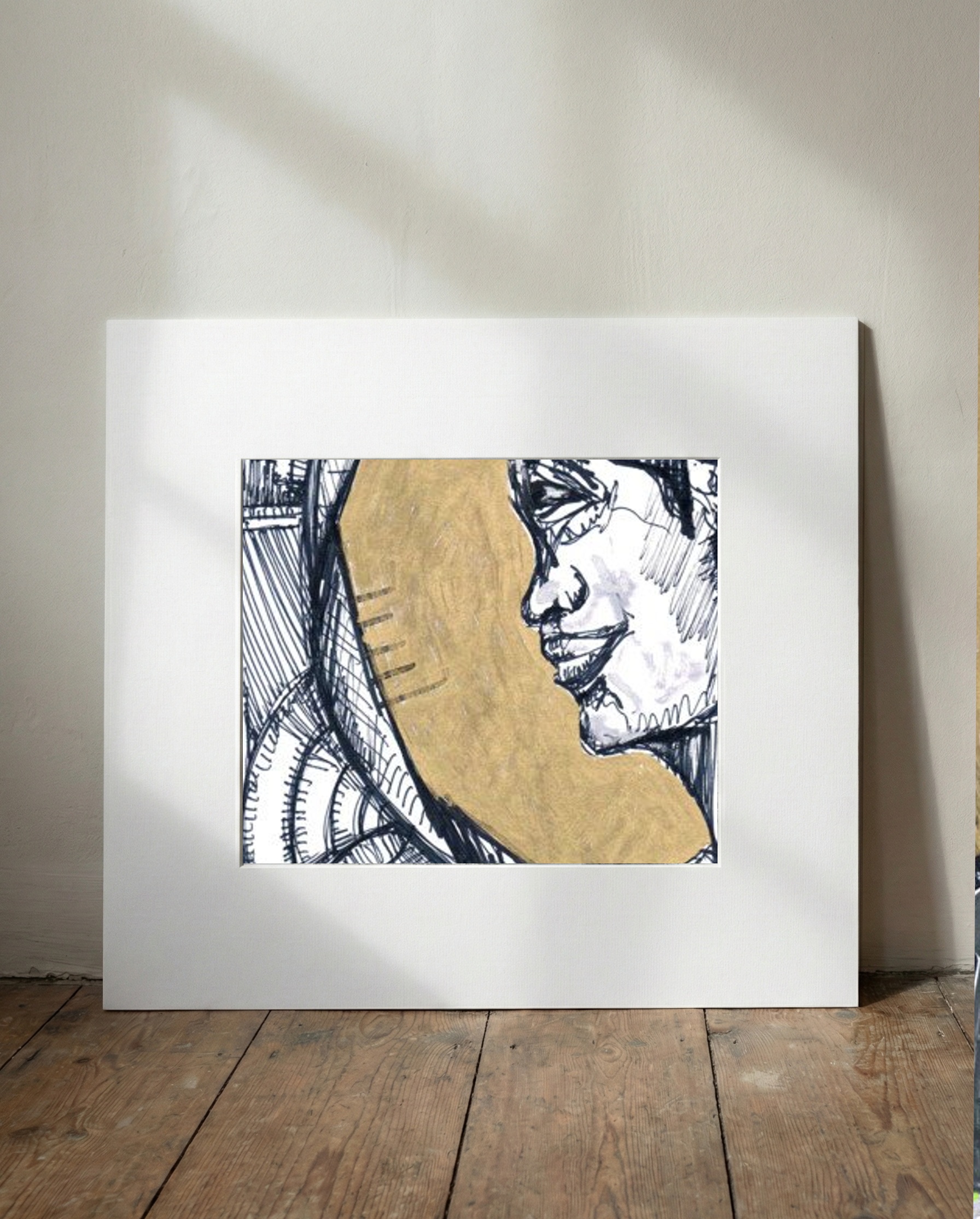 Gold and Black Smiling Woman Portrait — art on the wall, room interior preview 1