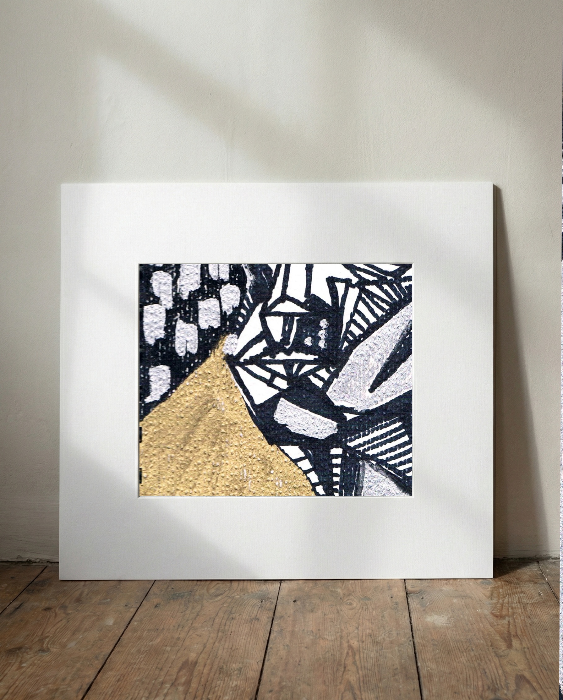 Cubist Gold Face Drawing on Paper — art on the wall, room interior preview 1