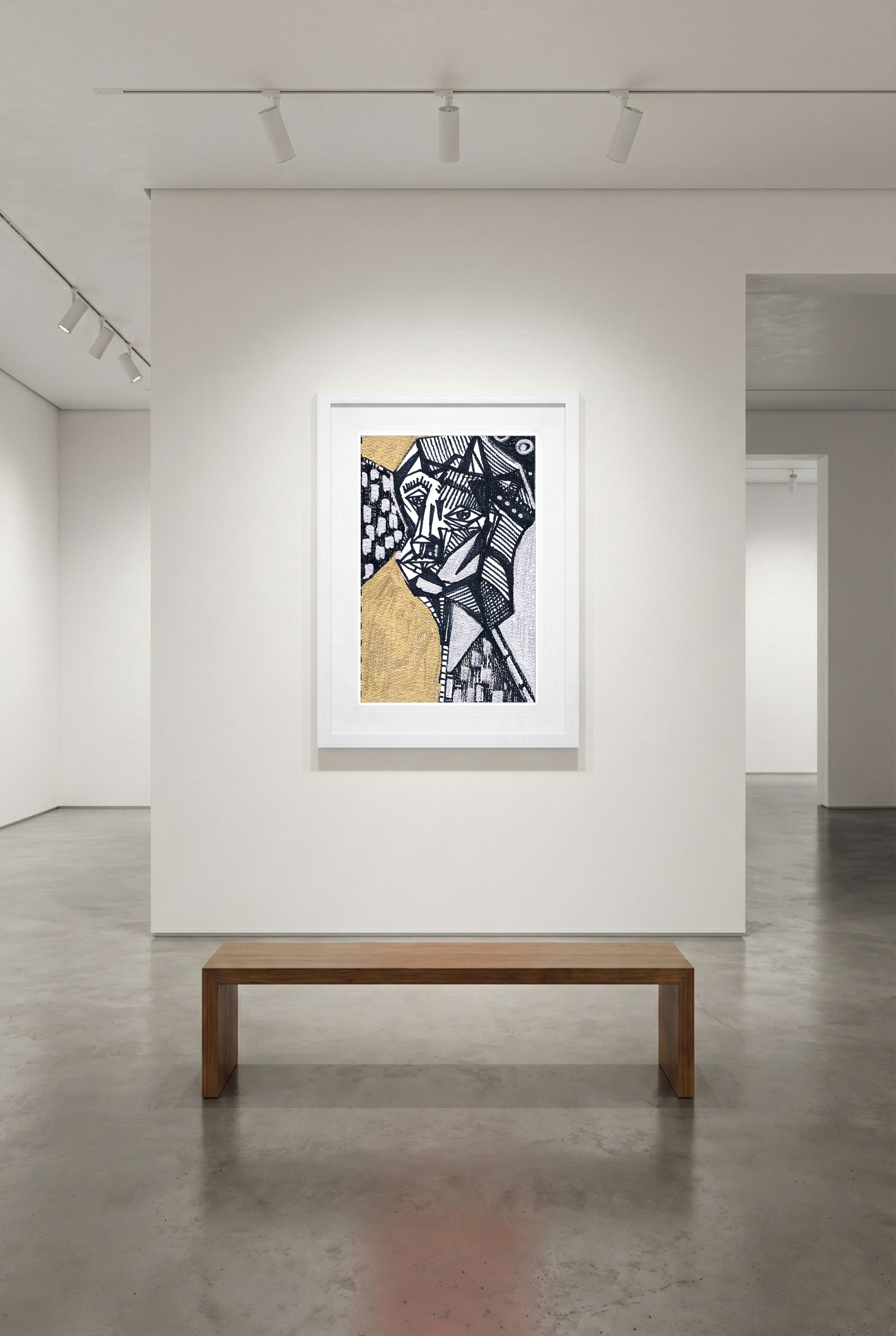 Cubist Gold Face Drawing on Paper — art on the wall, room interior preview 2