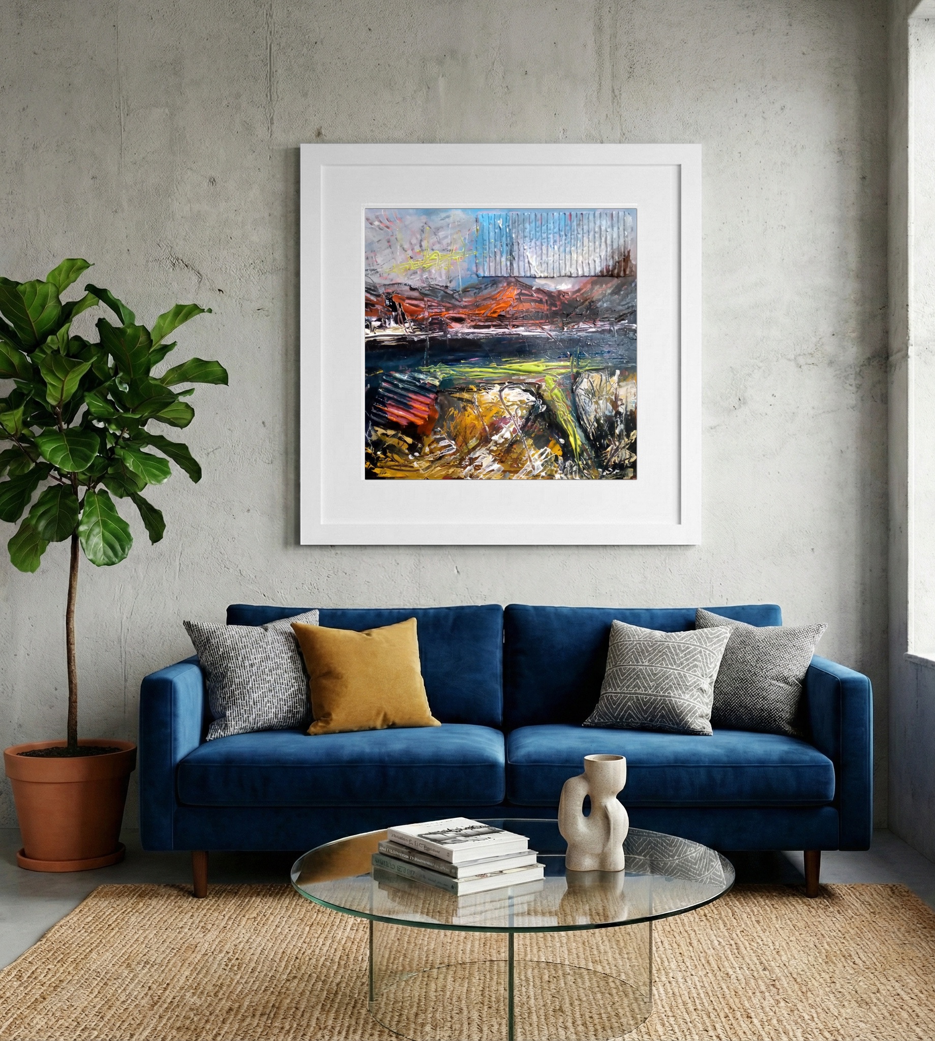 Rust Orange and Deep Blue Coastal Abstract — art on the wall, room interior preview 2