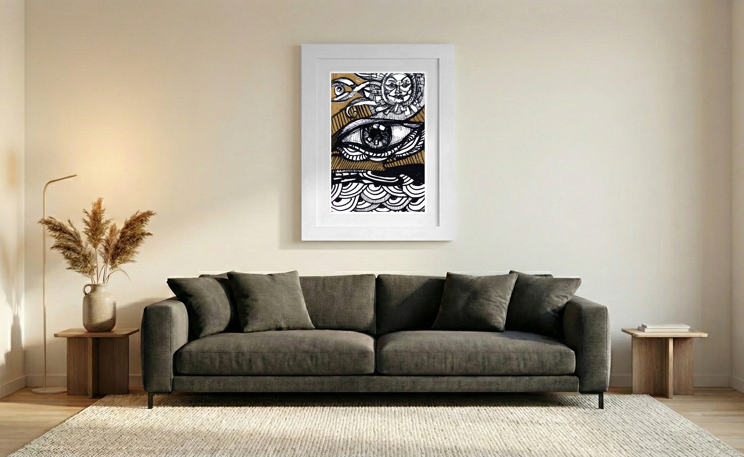 Gold and Black Landscape with Symbolic Eye — art on the wall, room interior preview 1