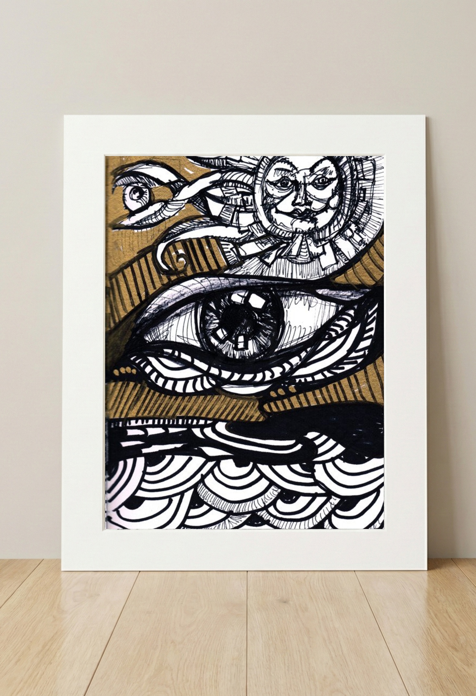 Gold and Black Landscape with Symbolic Eye — art on the wall, room interior preview 3