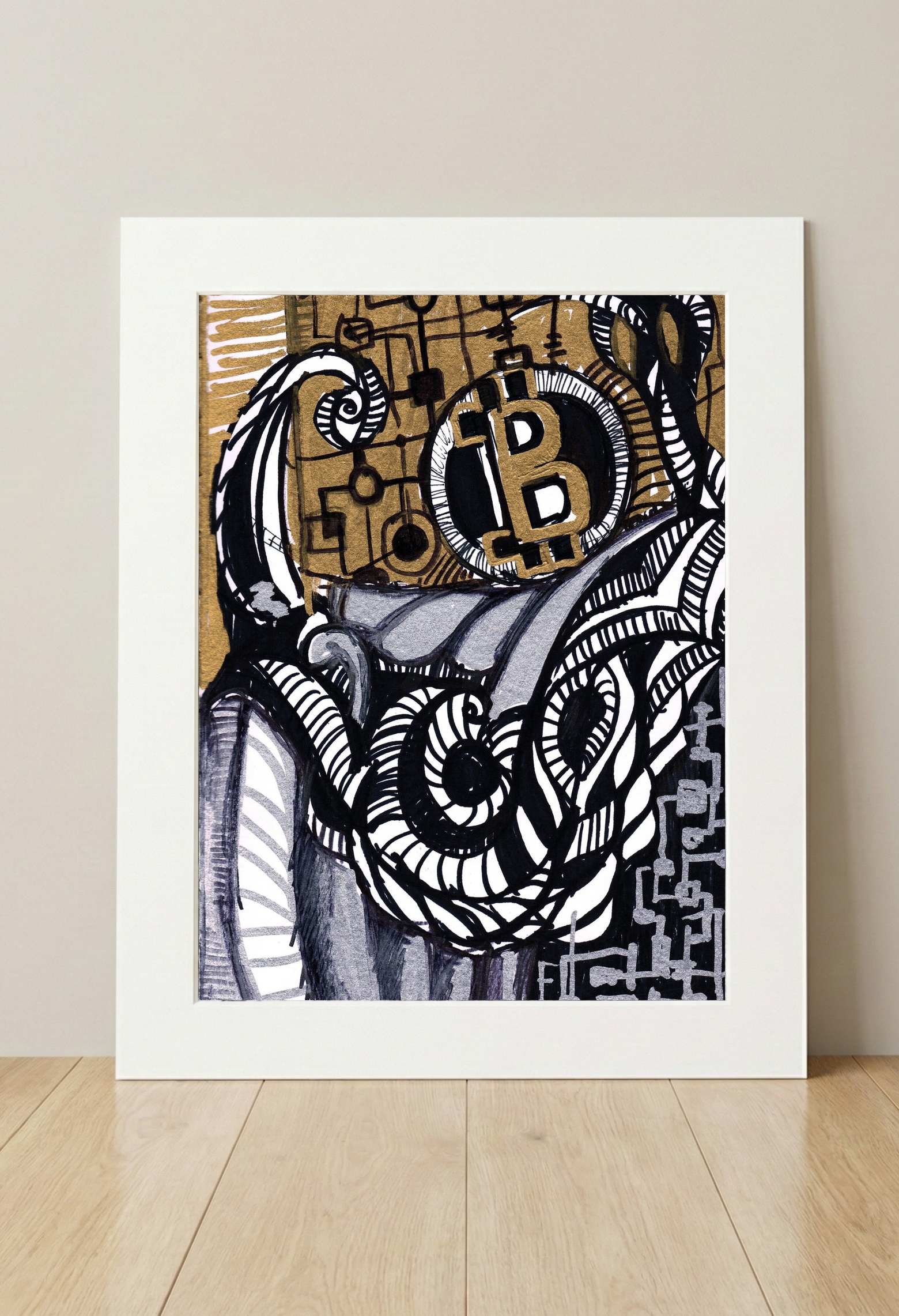 Gold Bitcoin Drawing with Intricate Patterns — art on the wall, room interior preview 3