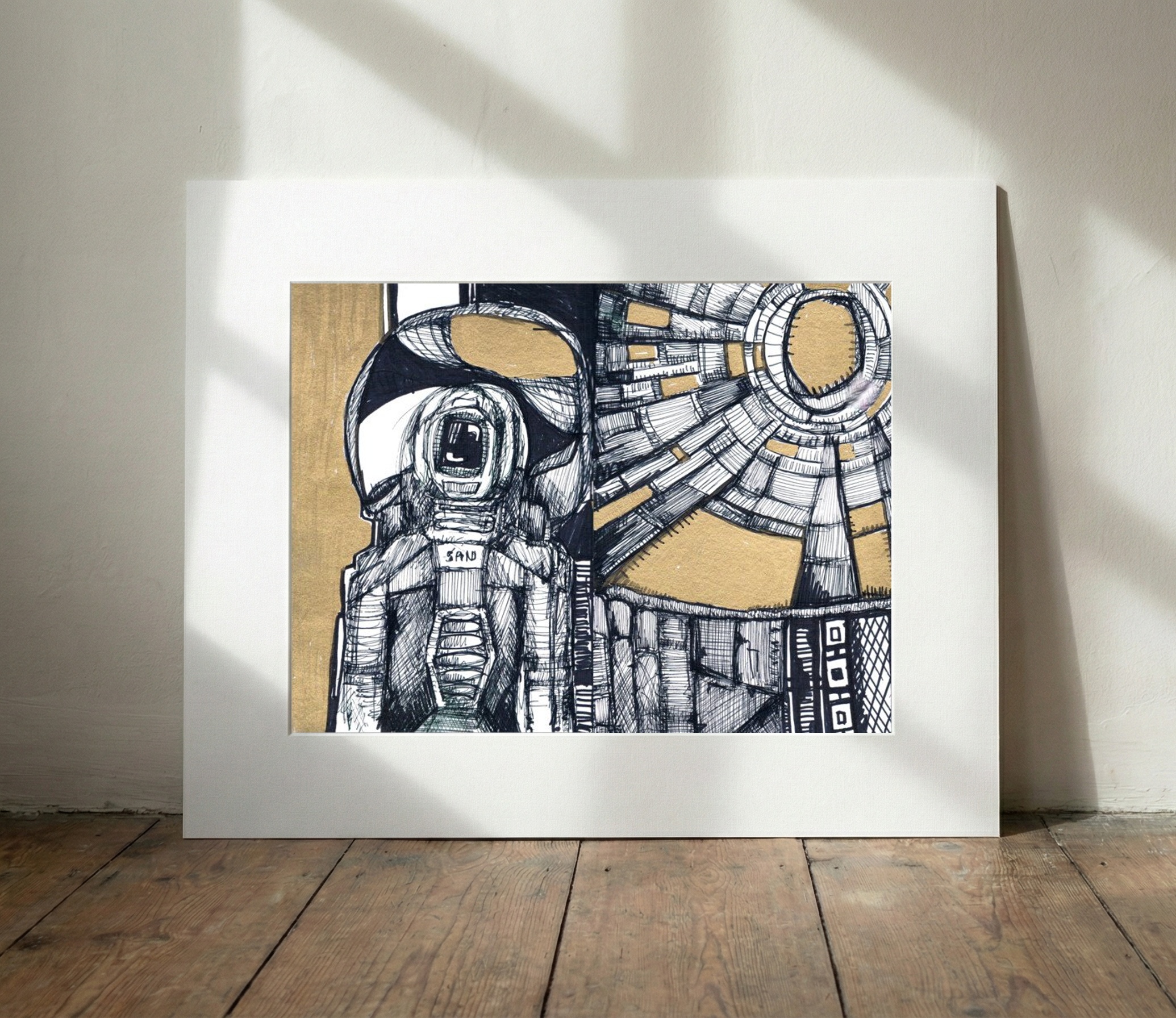 Astronaut Drawing in Black and Gold Ink — art on the wall, room interior preview 3