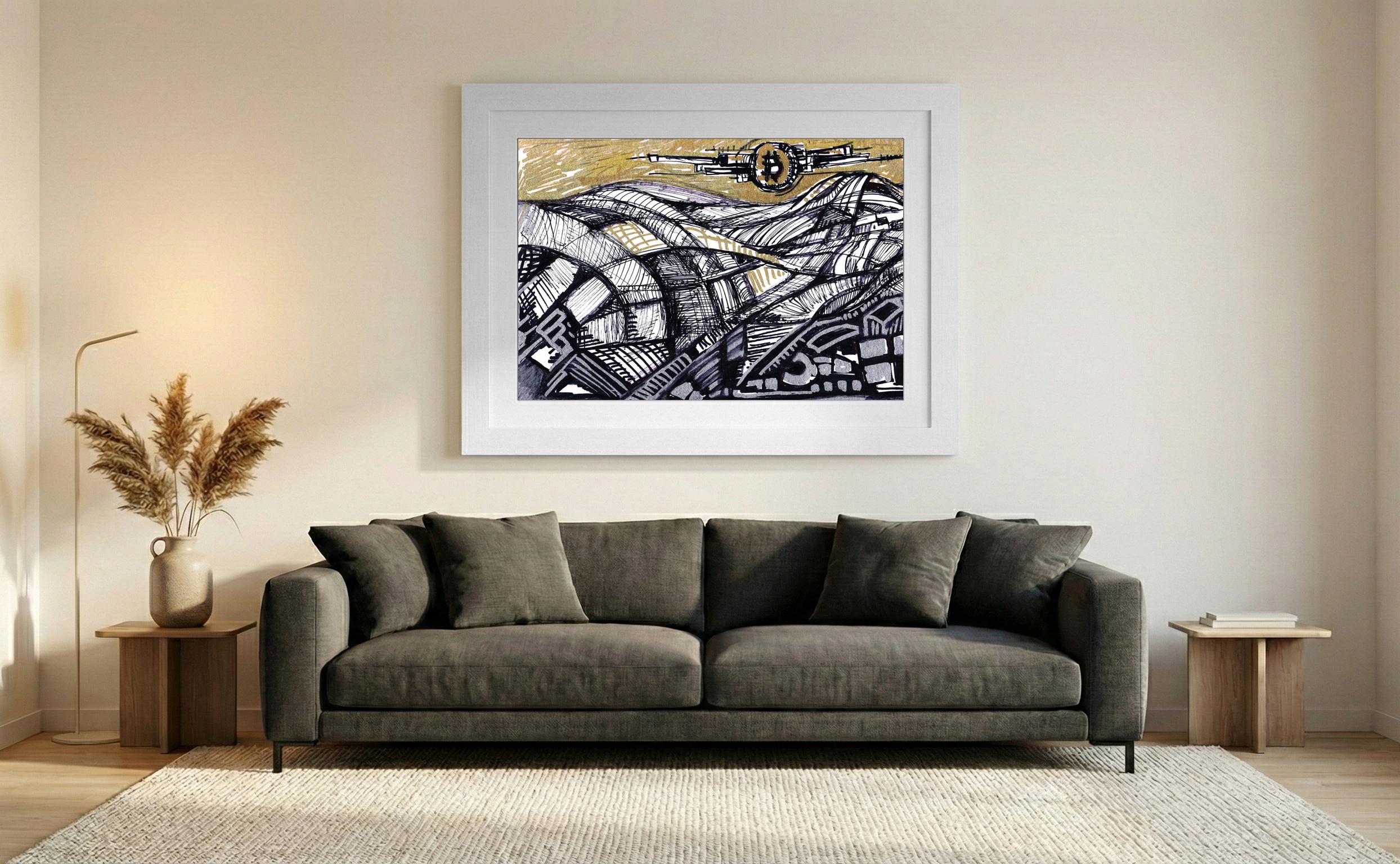 Gold and Black Ink Landscape — art on the wall, room interior preview 1