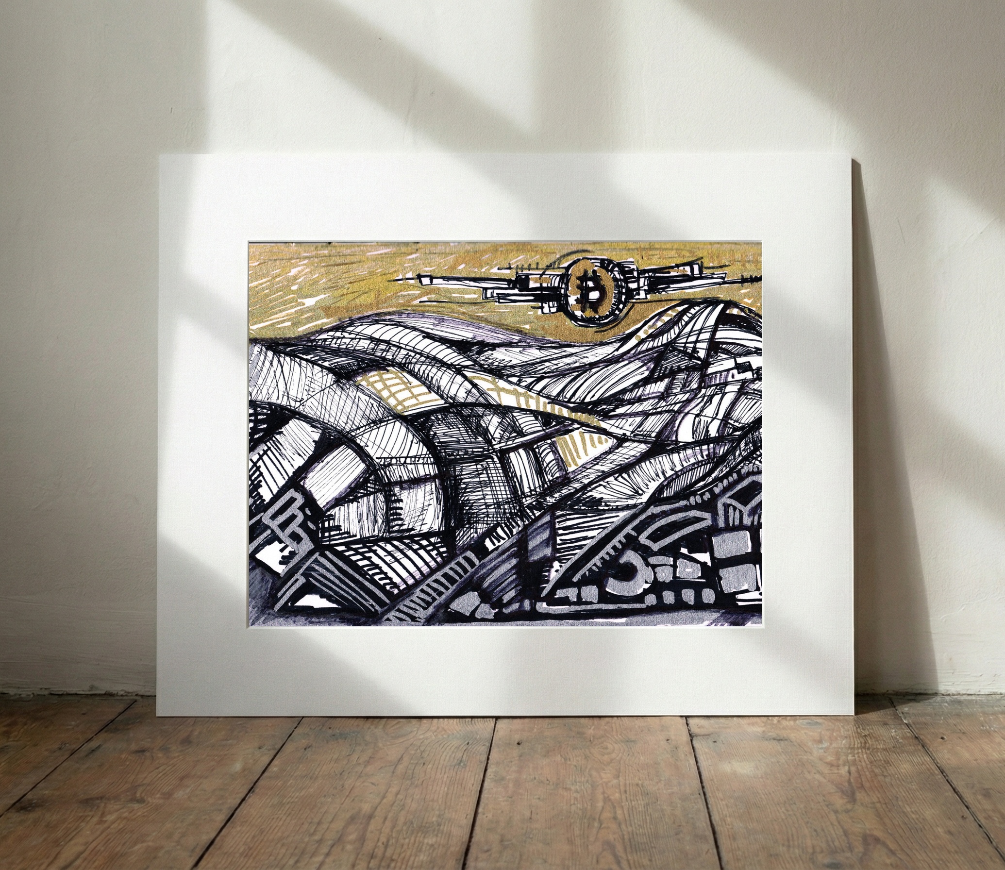 Gold and Black Ink Landscape — art on the wall, room interior preview 3