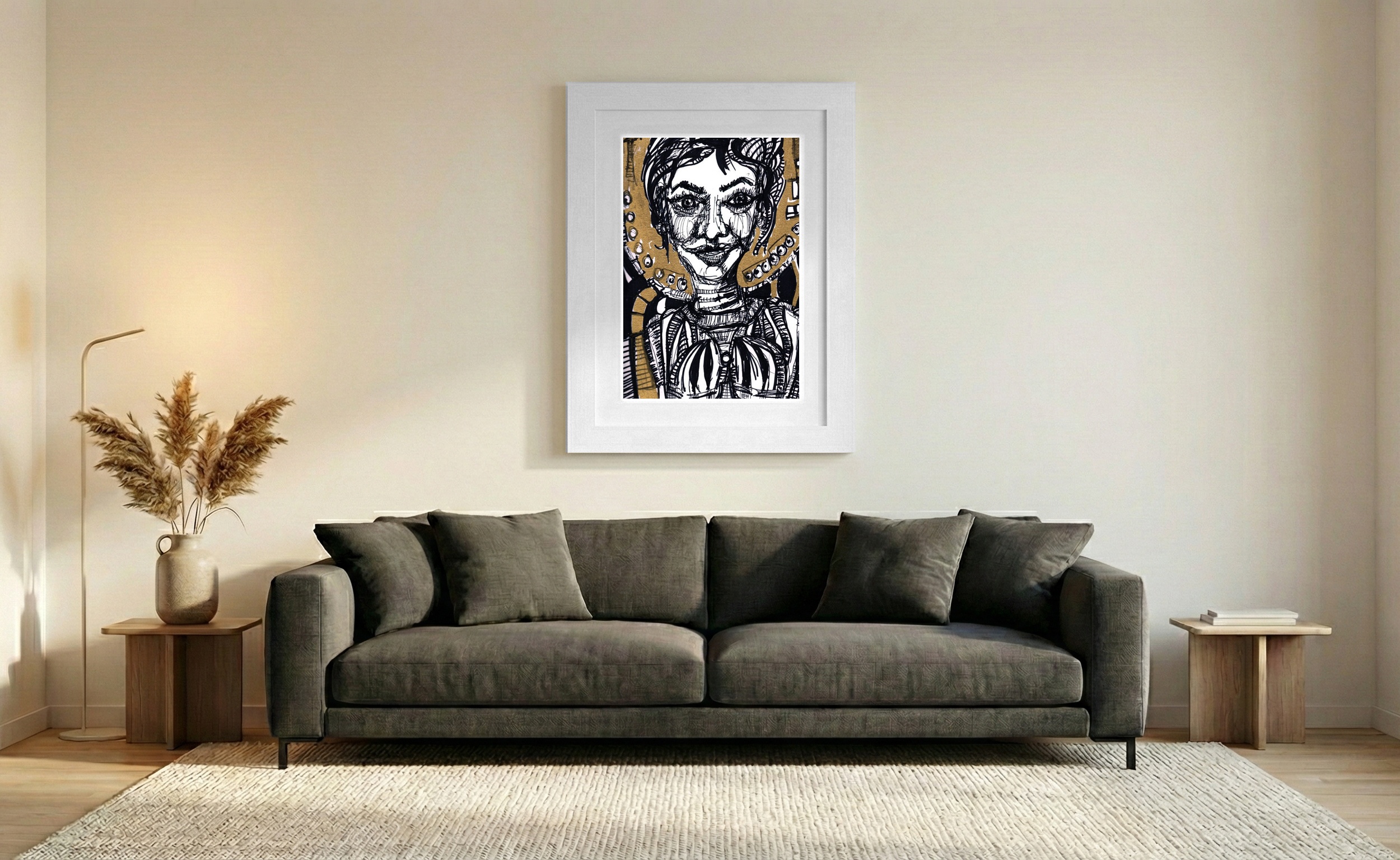 Black and Gold Ink Portrait of a Smiling Girl — art on the wall, room interior preview 1