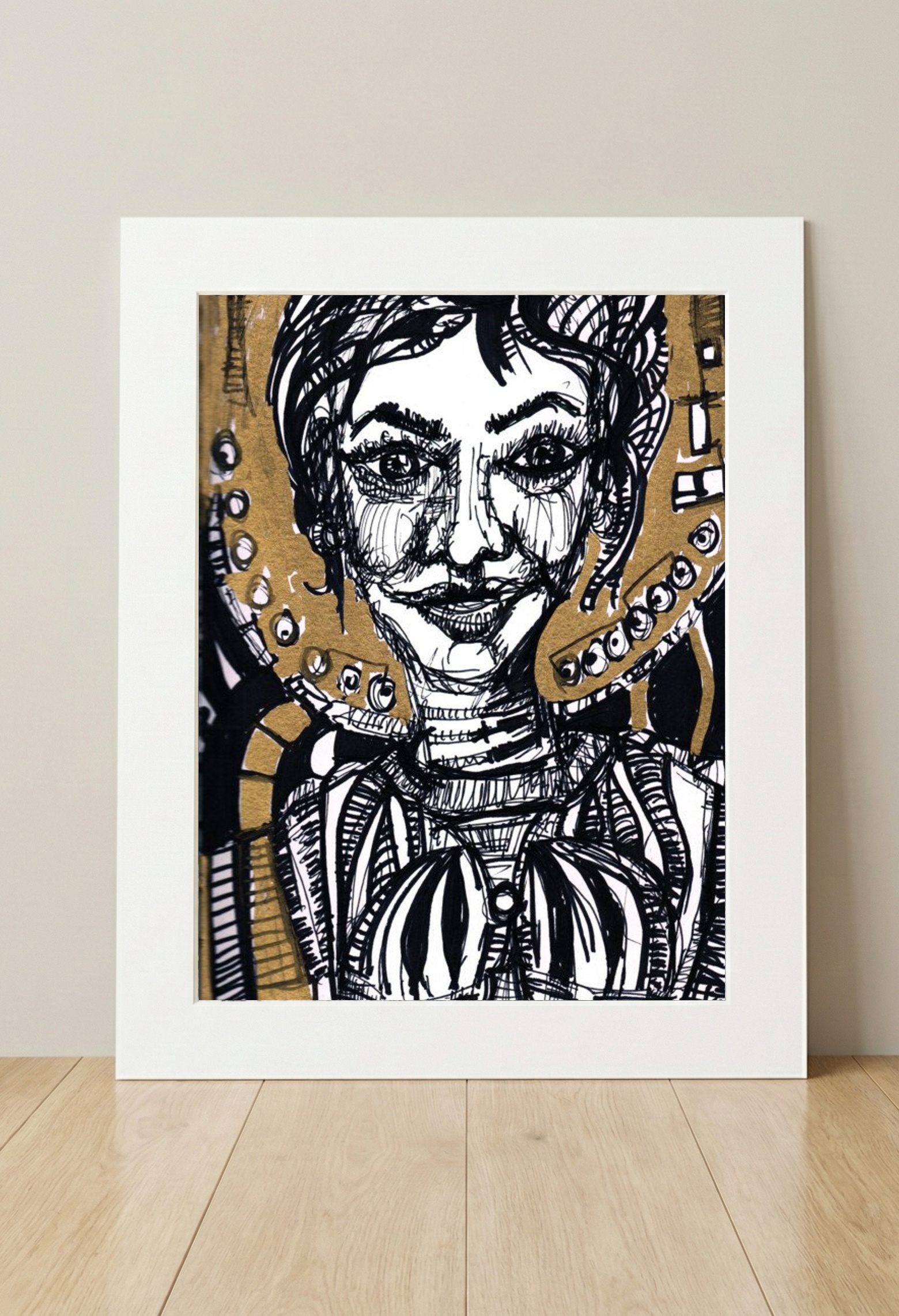 Black and Gold Ink Portrait of a Smiling Girl — art on the wall, room interior preview 3