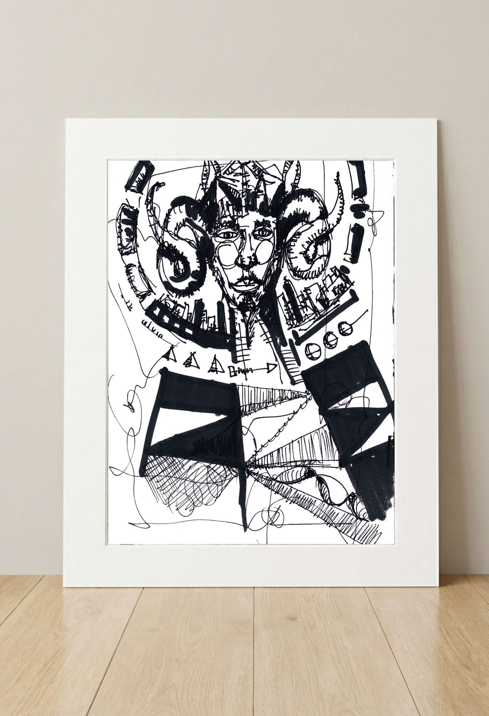 Black Ink Drawing: Horned Figure in Chaos — art on the wall, room interior preview 3