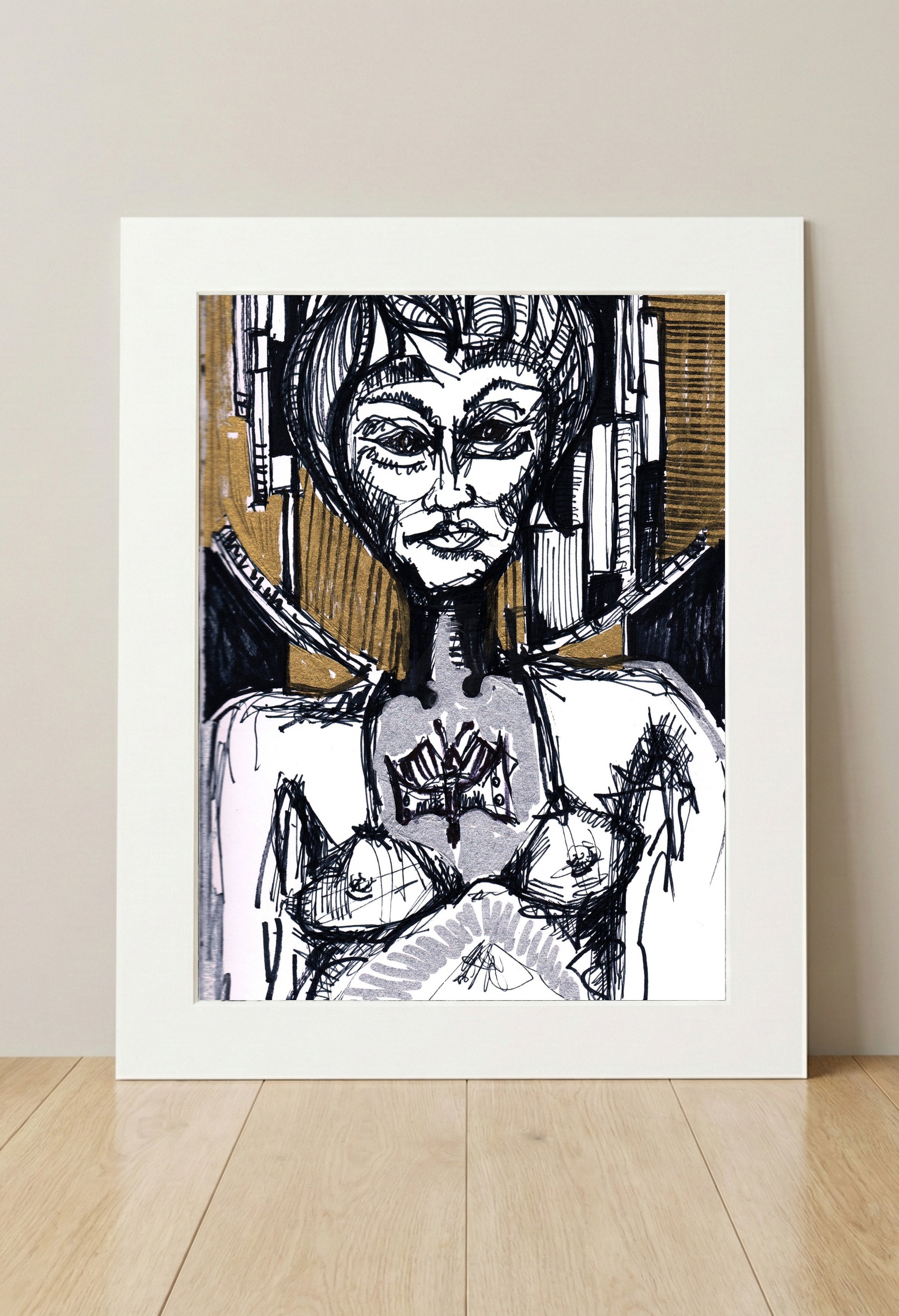 Expressive Black and Gold Figure Drawing — art on the wall, room interior preview 3