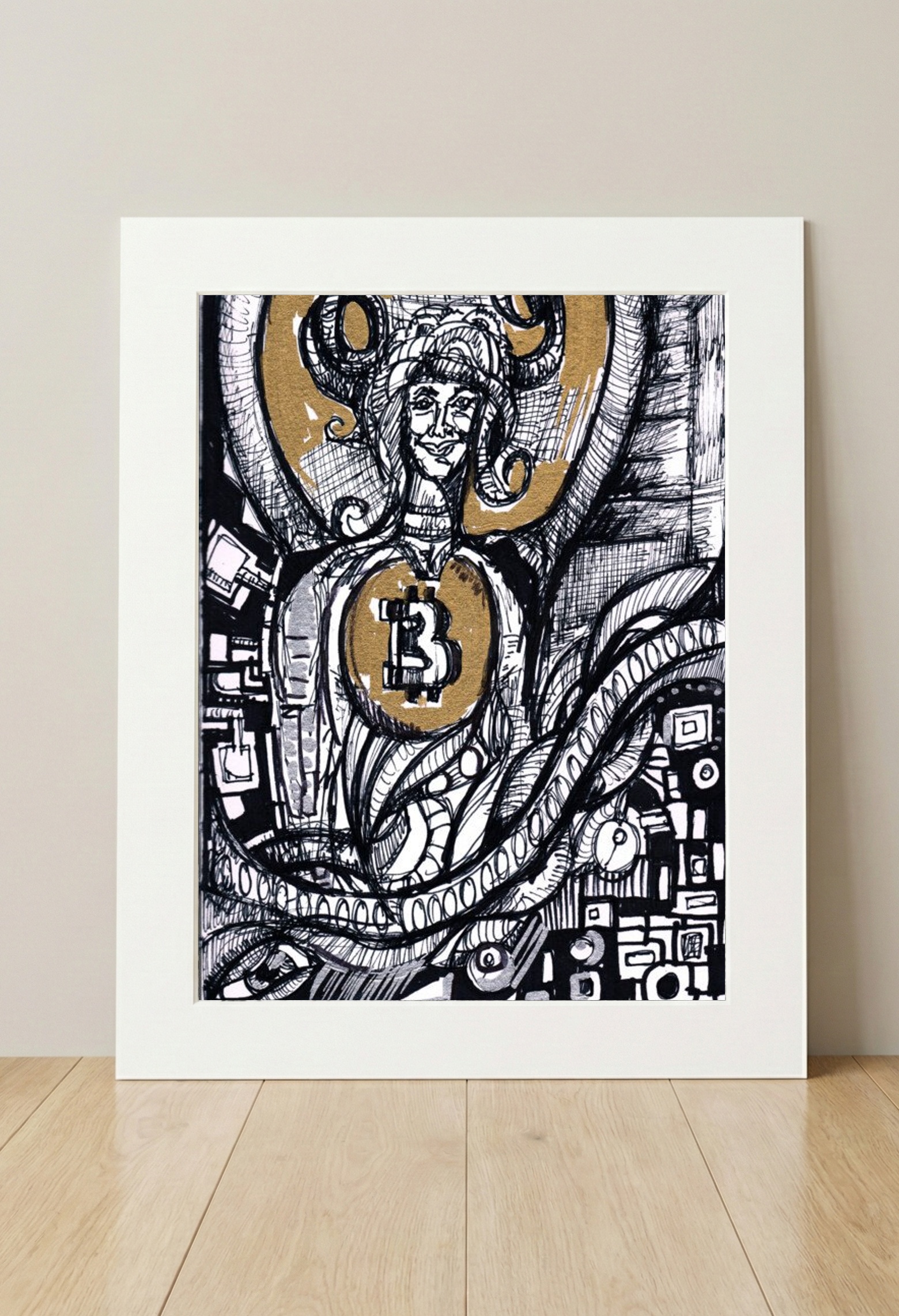 Gold & Black Ink Drawing of a Blockchain Hussar — art on the wall, room interior preview 3