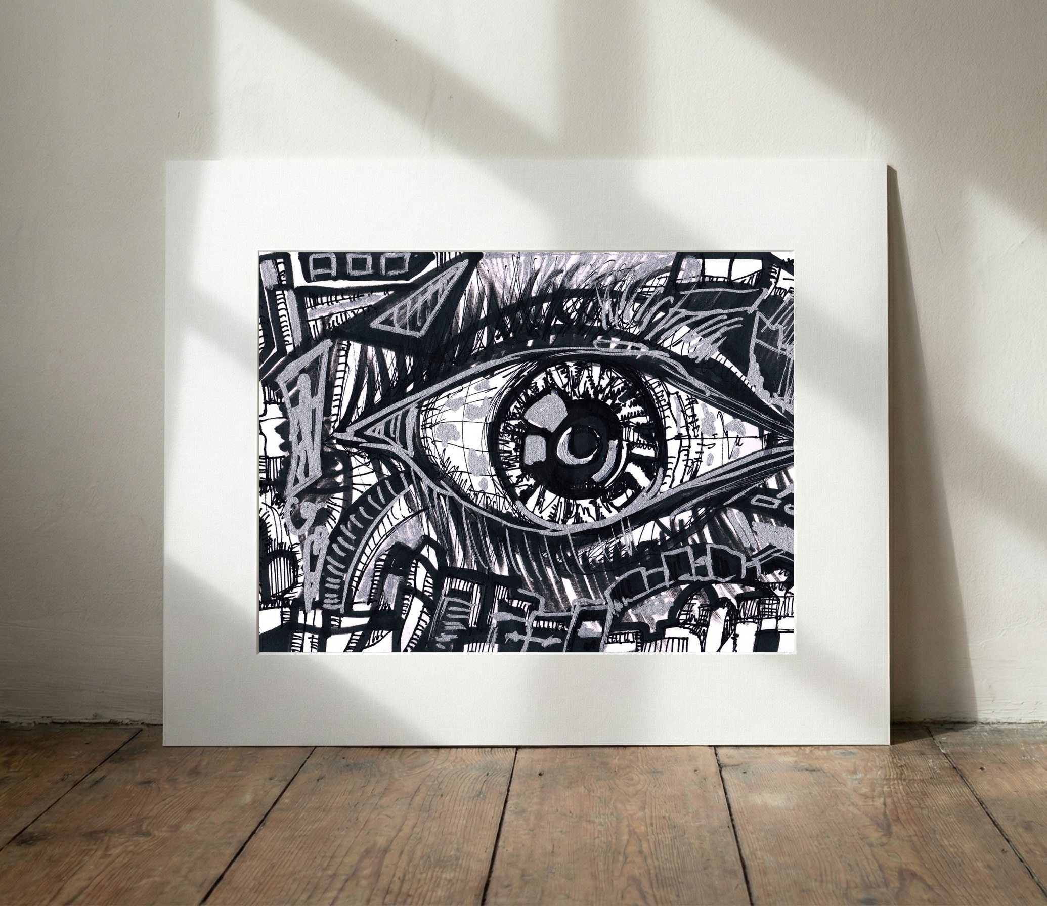Cyborg Eye Abstract in Black and Grey Ink — art on the wall, room interior preview 1