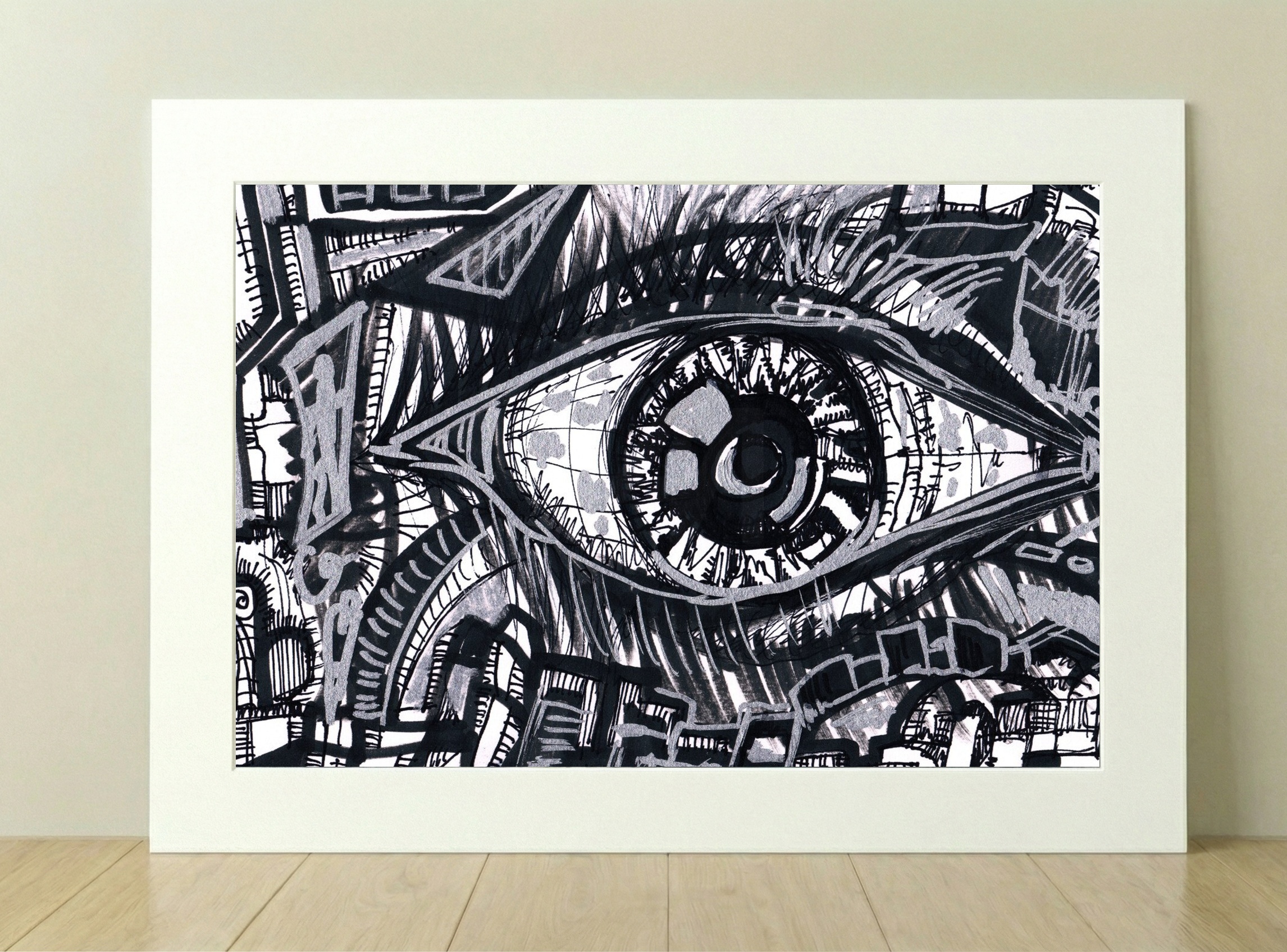 Cyborg Eye Abstract in Black and Grey Ink — art on the wall, room interior preview 2