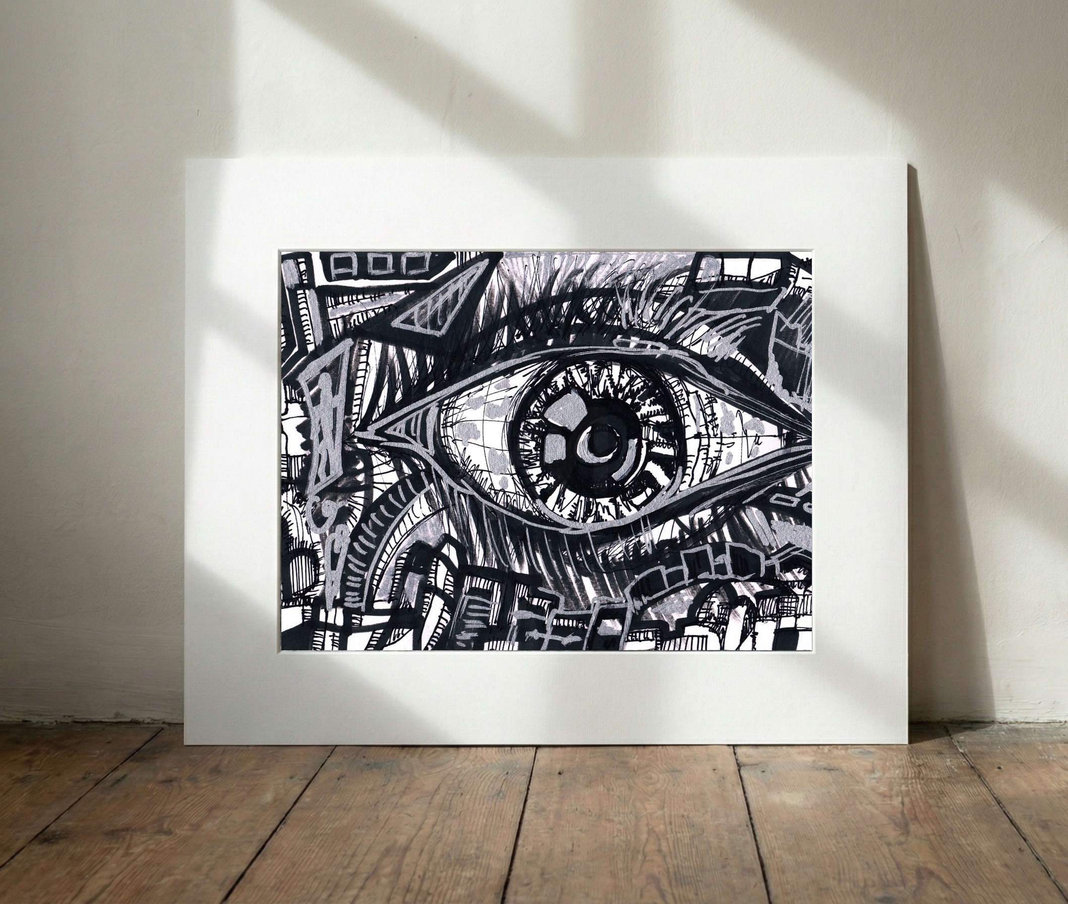 Cyborg Eye Abstract in Black and Grey Ink — art on the wall, room interior preview 3
