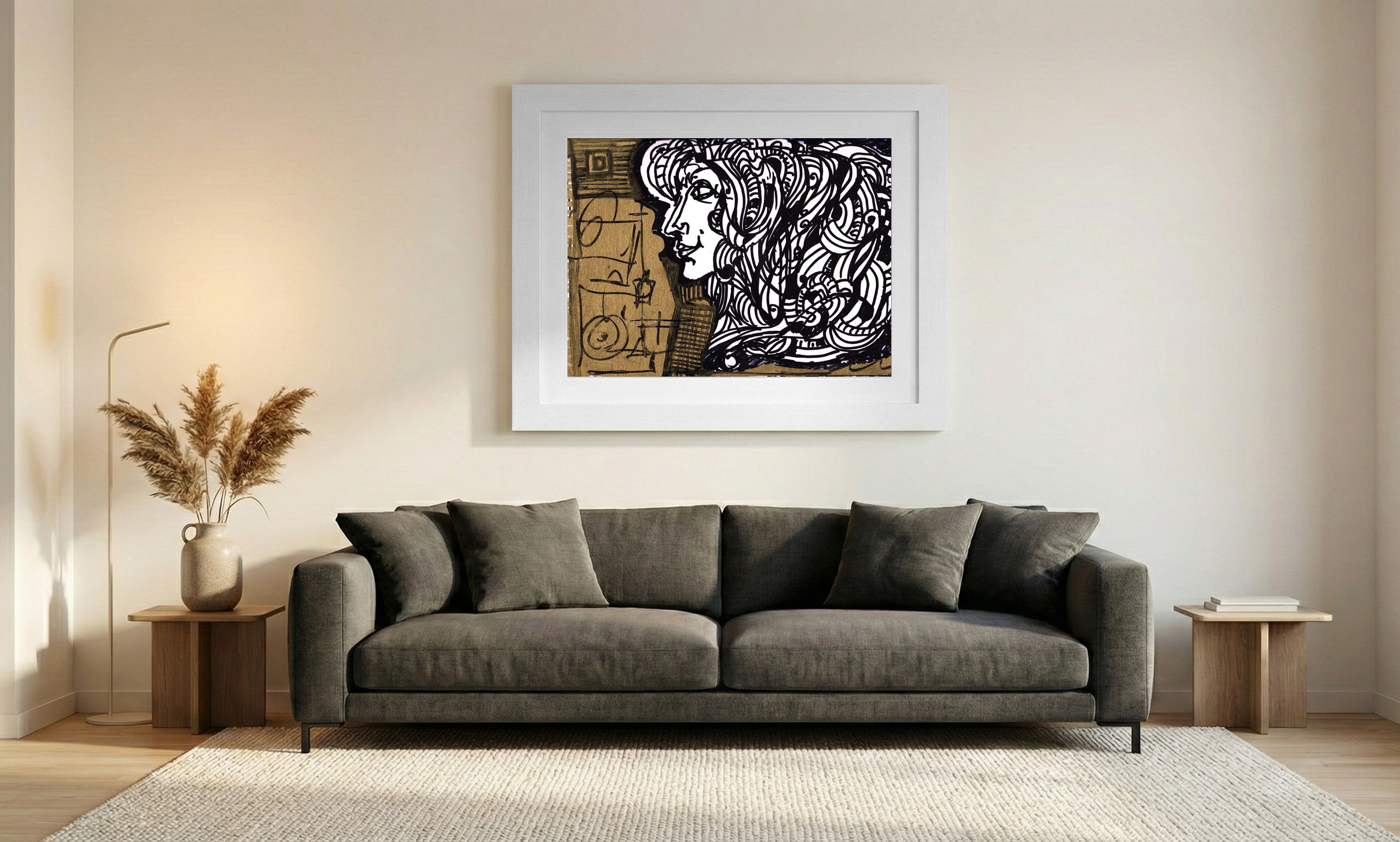 Flowing Woman in Black and Gold Ink — art on the wall, room interior preview 1