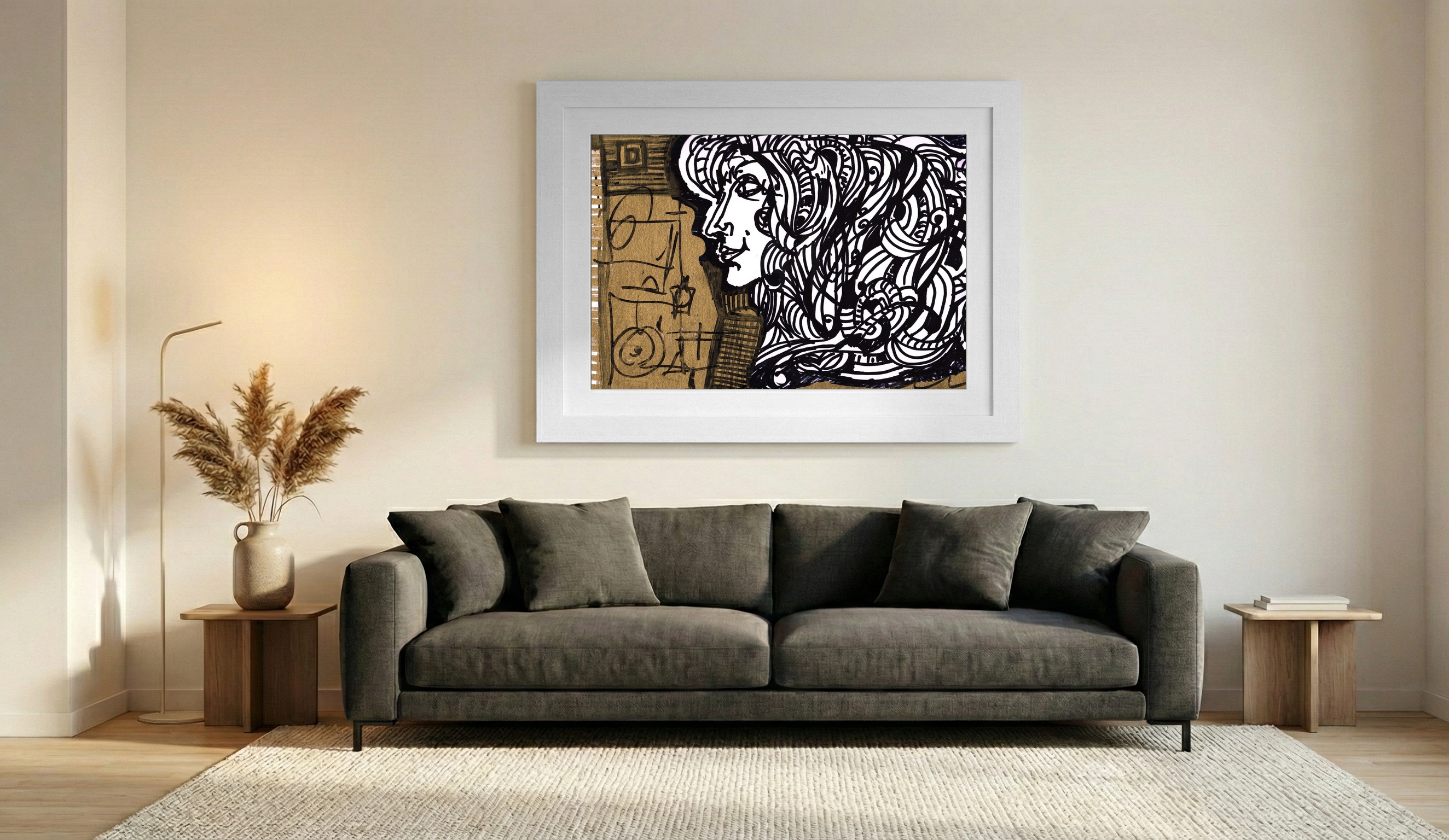 Flowing Woman in Black and Gold Ink — art on the wall, room interior preview 2