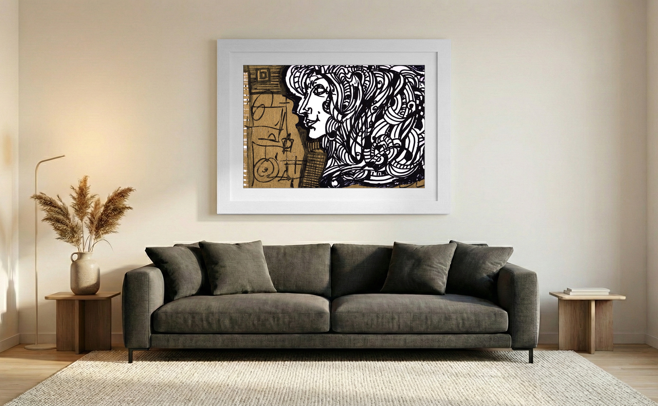 Flowing Woman in Black and Gold Ink — art on the wall, room interior preview 3