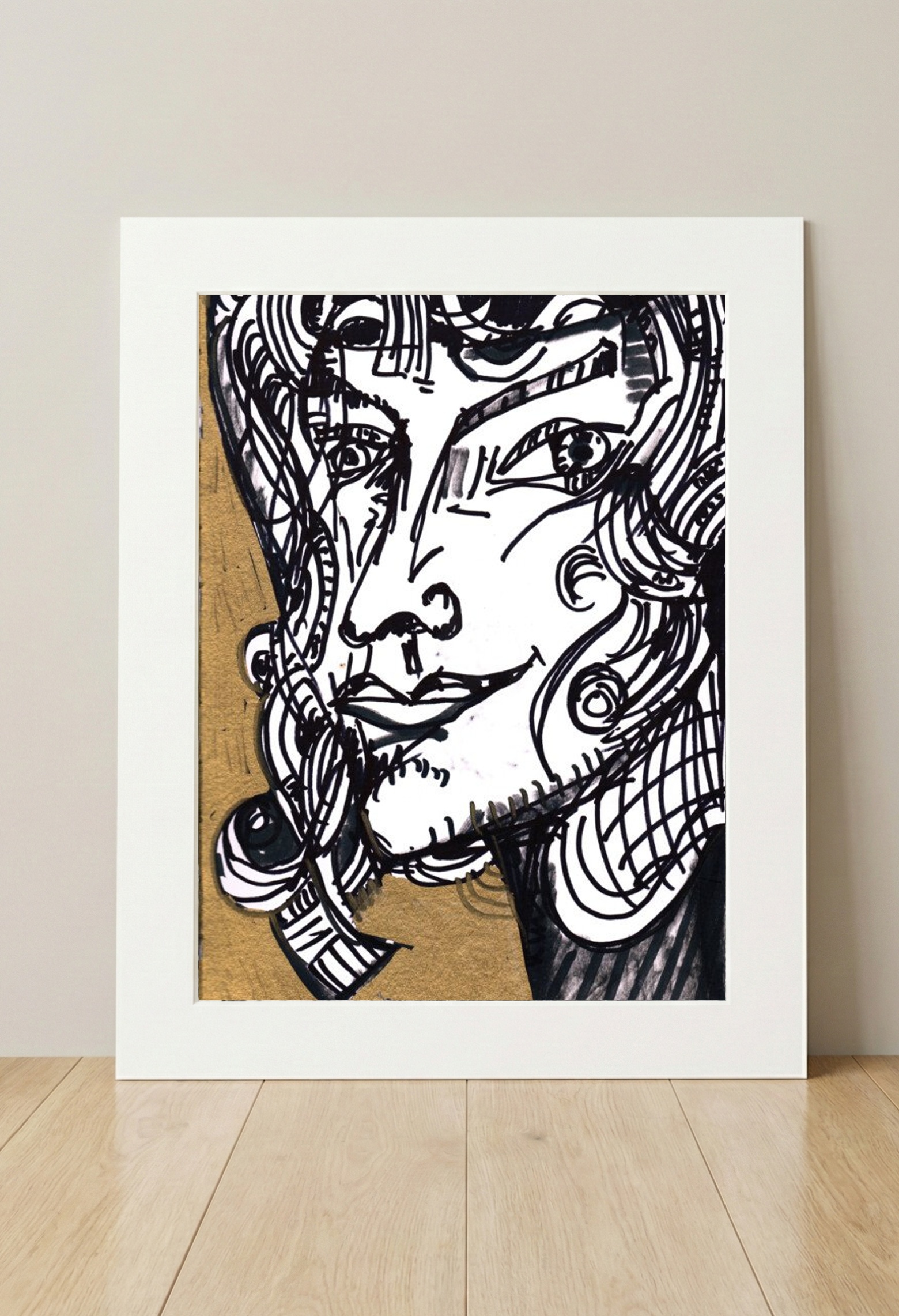 Bold Woman in Black Ink on Gold Background — art on the wall, room interior preview 3