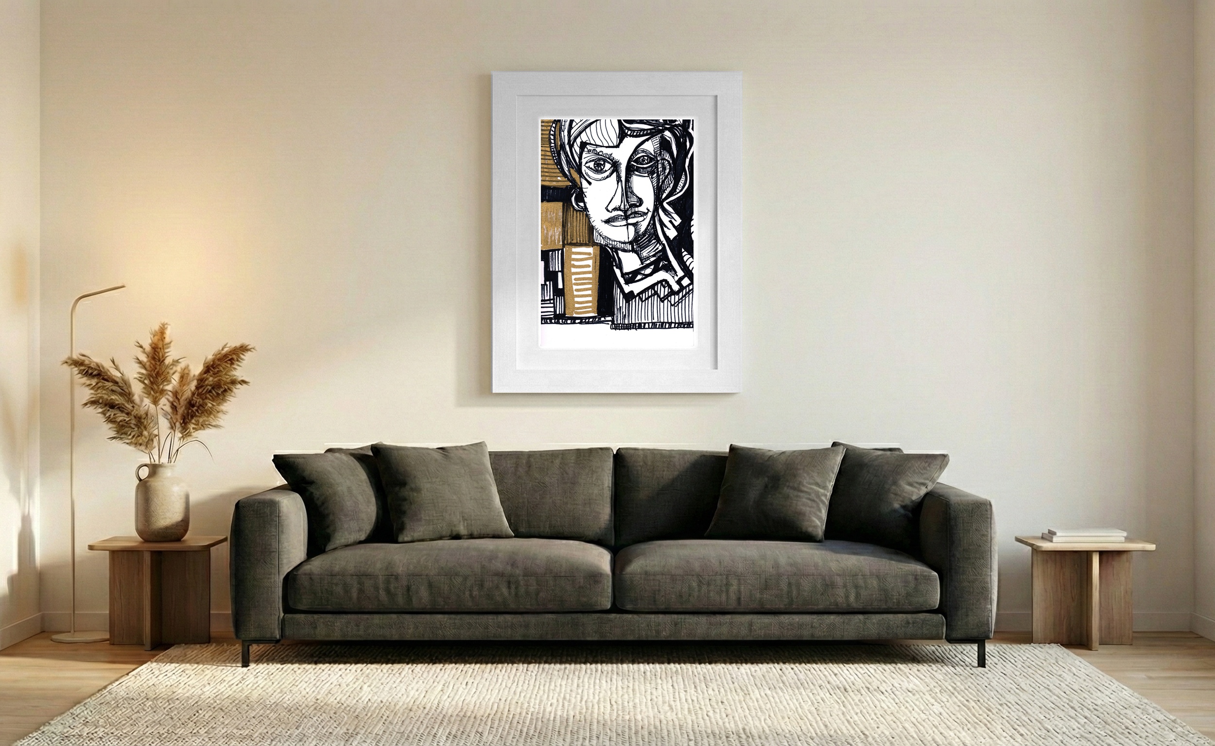 Striking Black and Gold Portrait Drawing — art on the wall, room interior preview 1