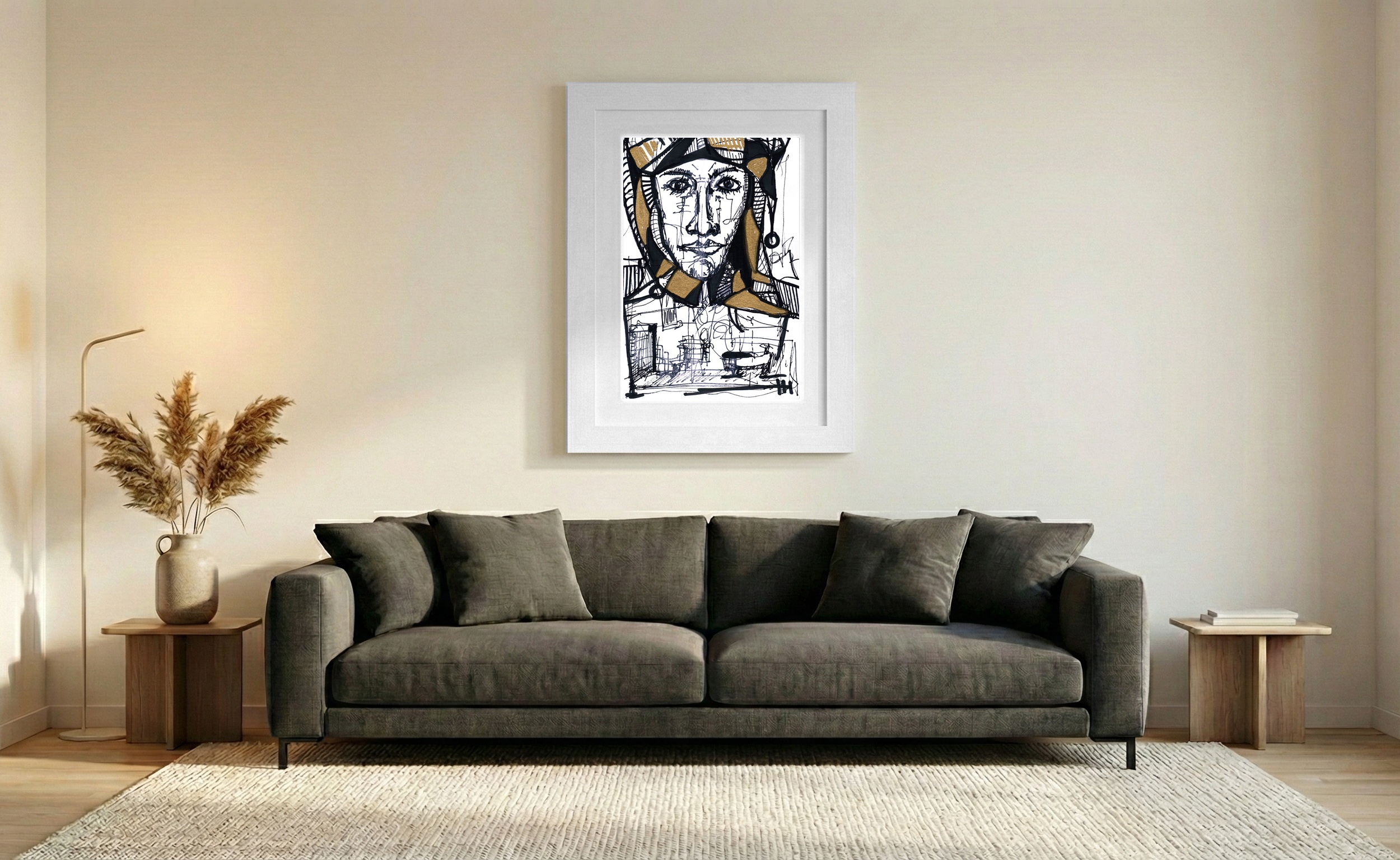 Harlequin Mask in Black and Gold Ink — art on the wall, room interior preview 1