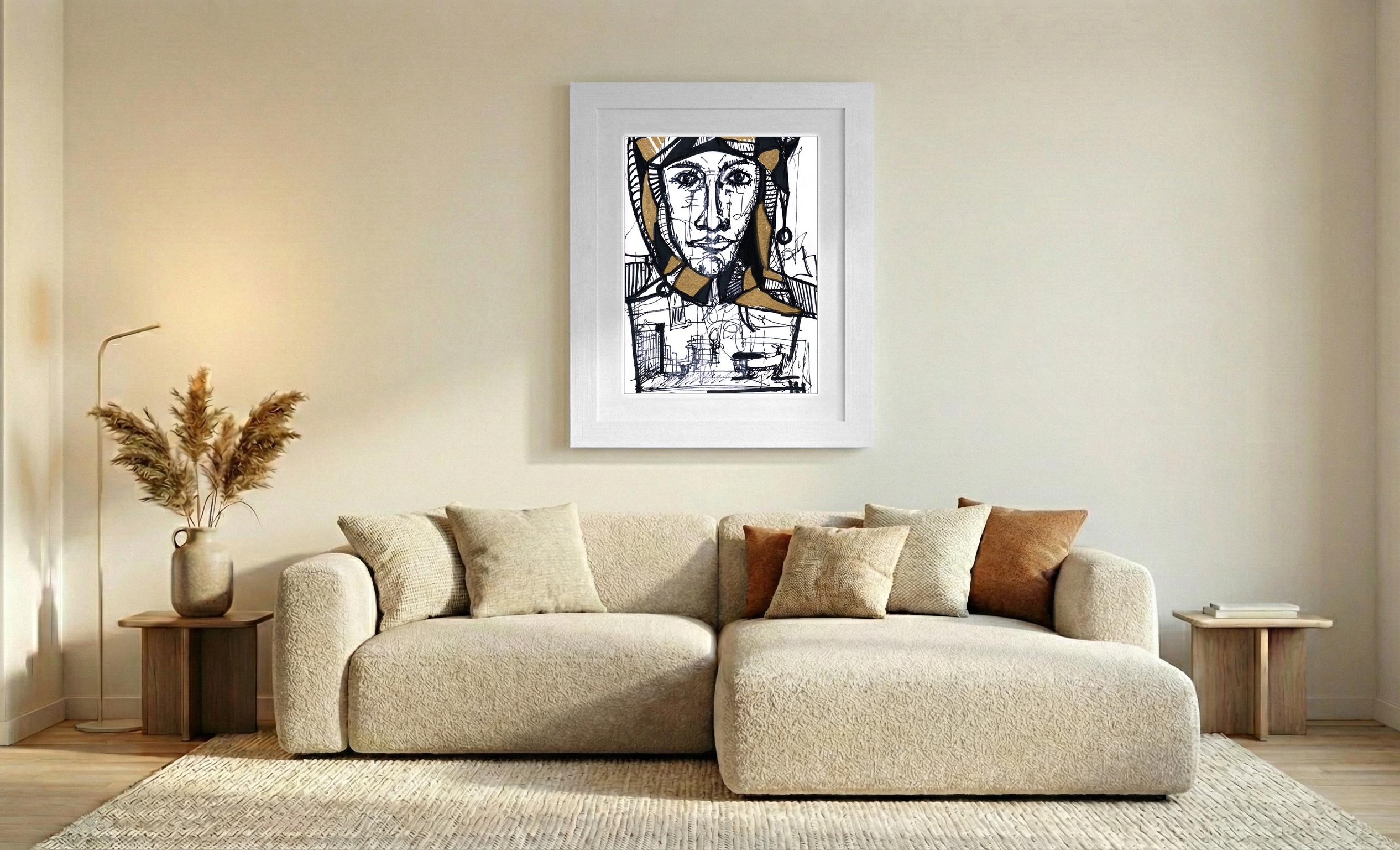 Harlequin Mask in Black and Gold Ink — art on the wall, room interior preview 2
