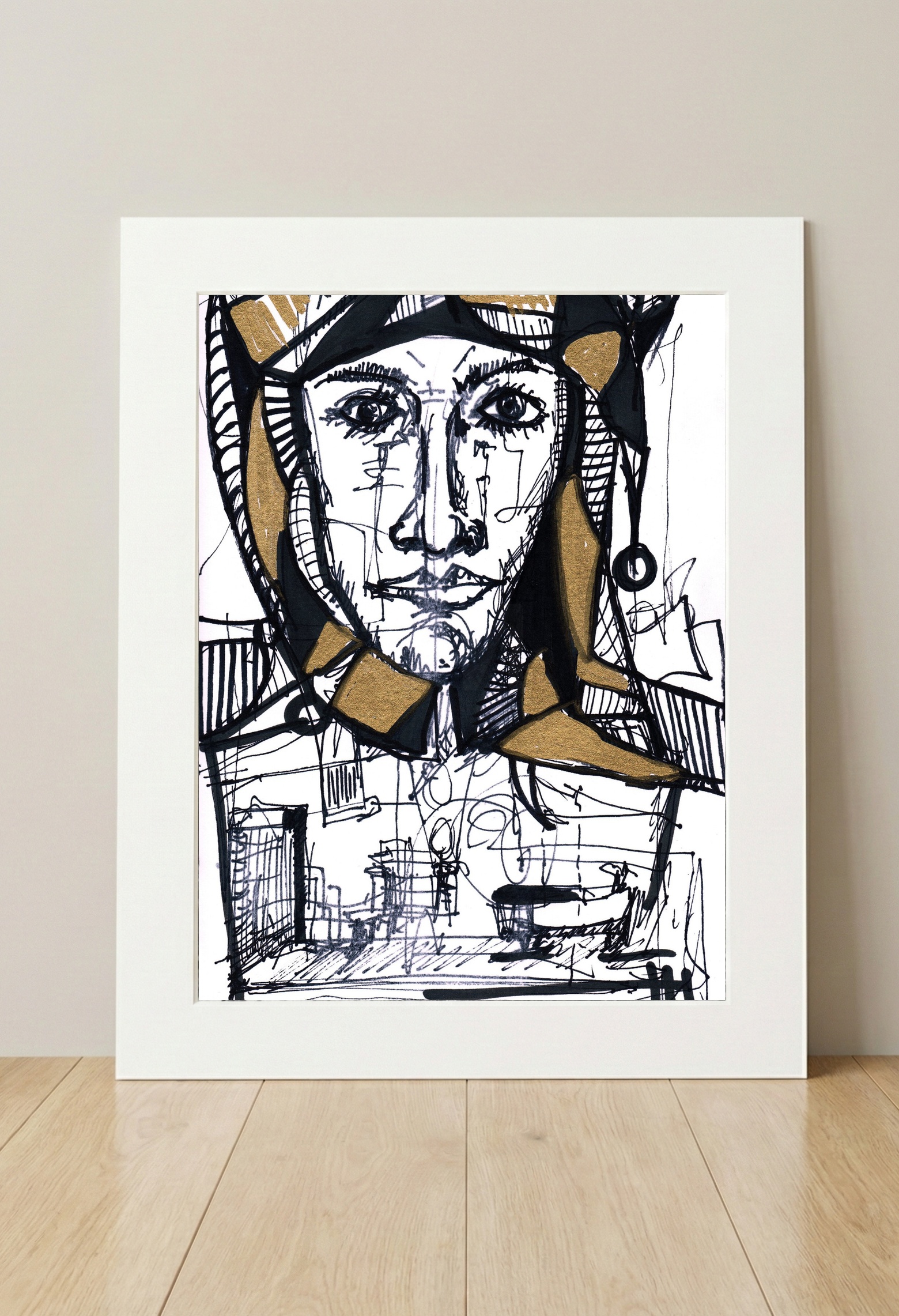 Harlequin Mask in Black and Gold Ink — art on the wall, room interior preview 3