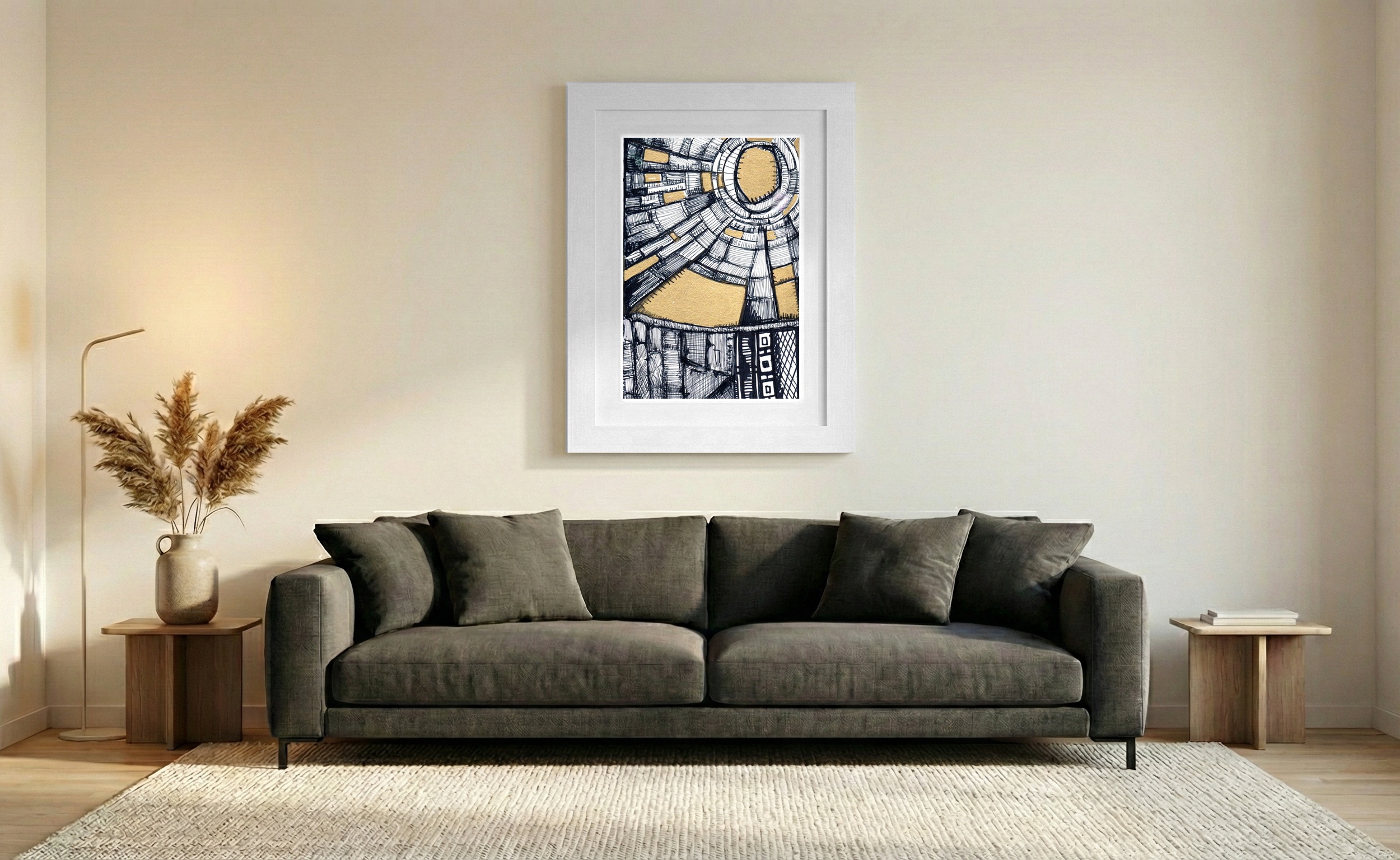 Golden Martian Landscape Ink Drawing — art on the wall, room interior preview 2
