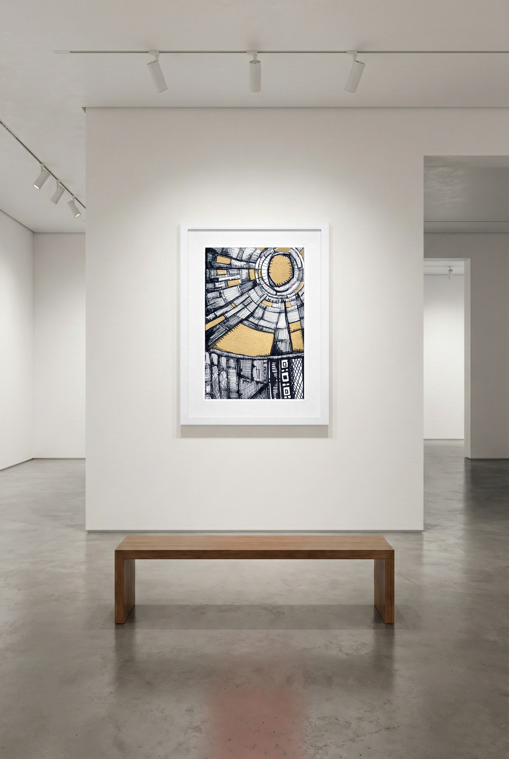 Golden Martian Landscape Ink Drawing — art on the wall, room interior preview 3