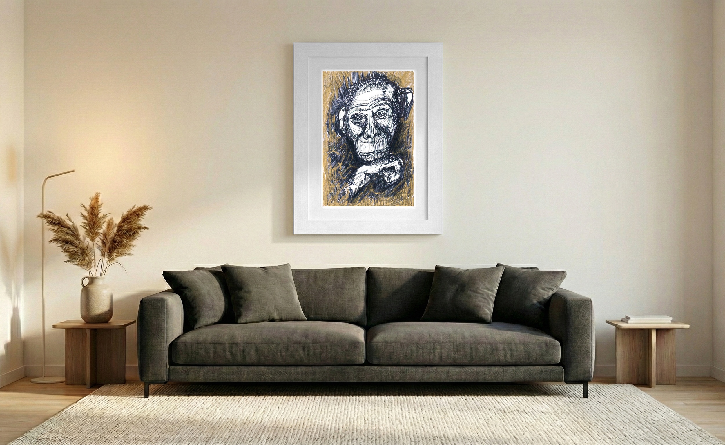 Black and Gold Monkey Face Drawing — art on the wall, room interior preview 1